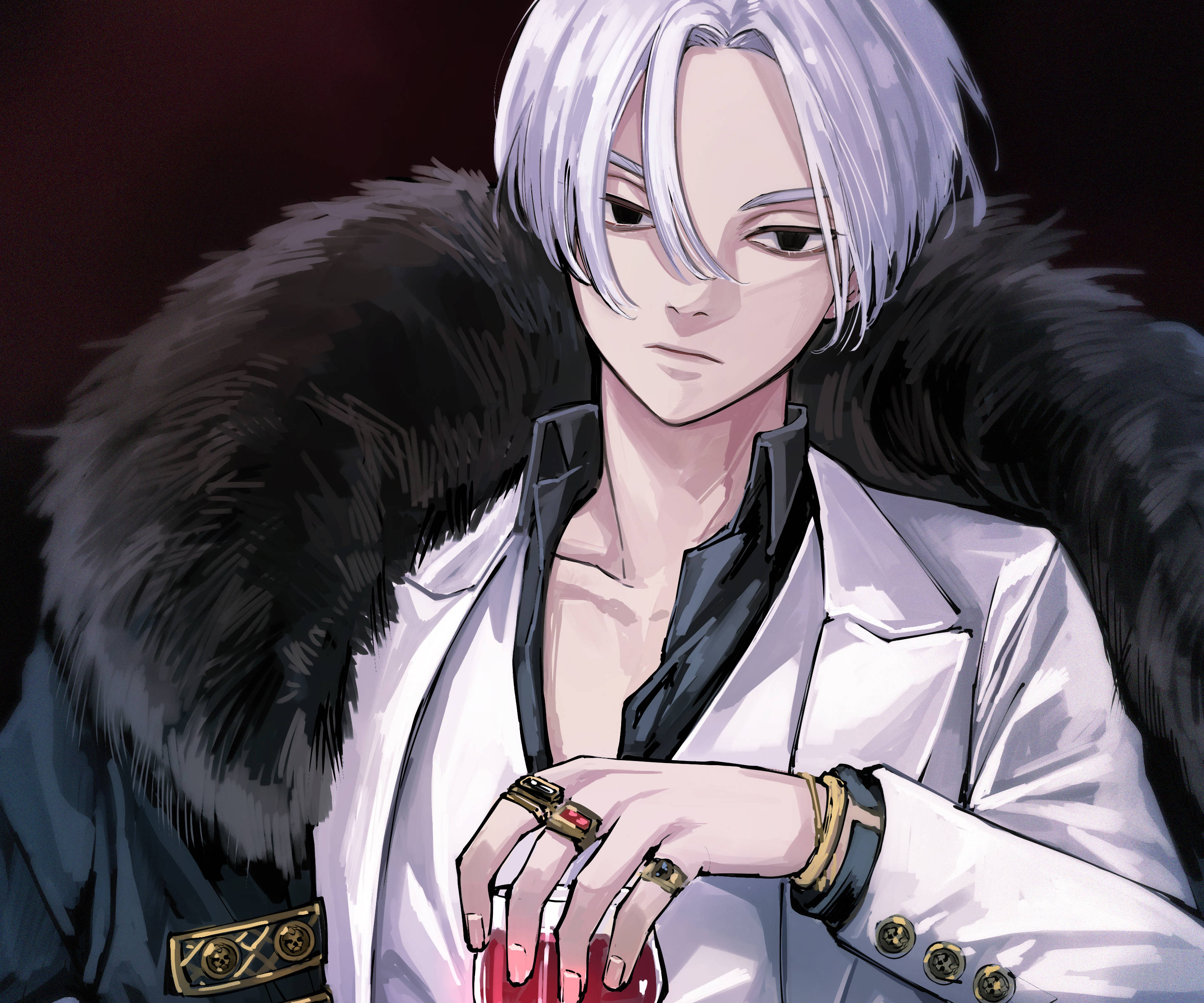 Mikey Tokyo Revengers, silver-haired anime character, white coat with black fur collar, 2K Desktop Wallpaper
