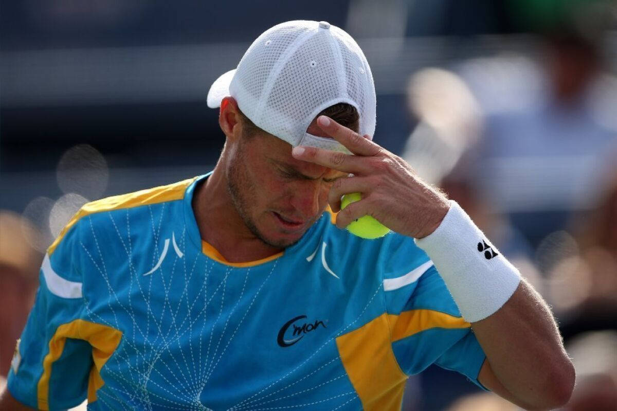 Mikhail Youzhny, blue and yellow shirt, tennis ball, SD Desktop Wallpaper