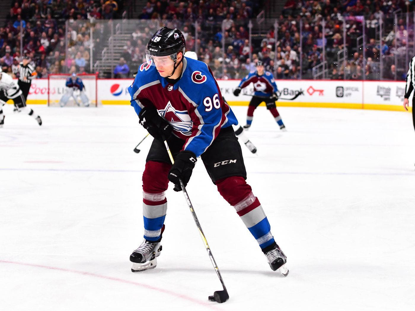 Mikko Rantanen, number 96, blue and maroon jersey, HD Desktop Wallpaper