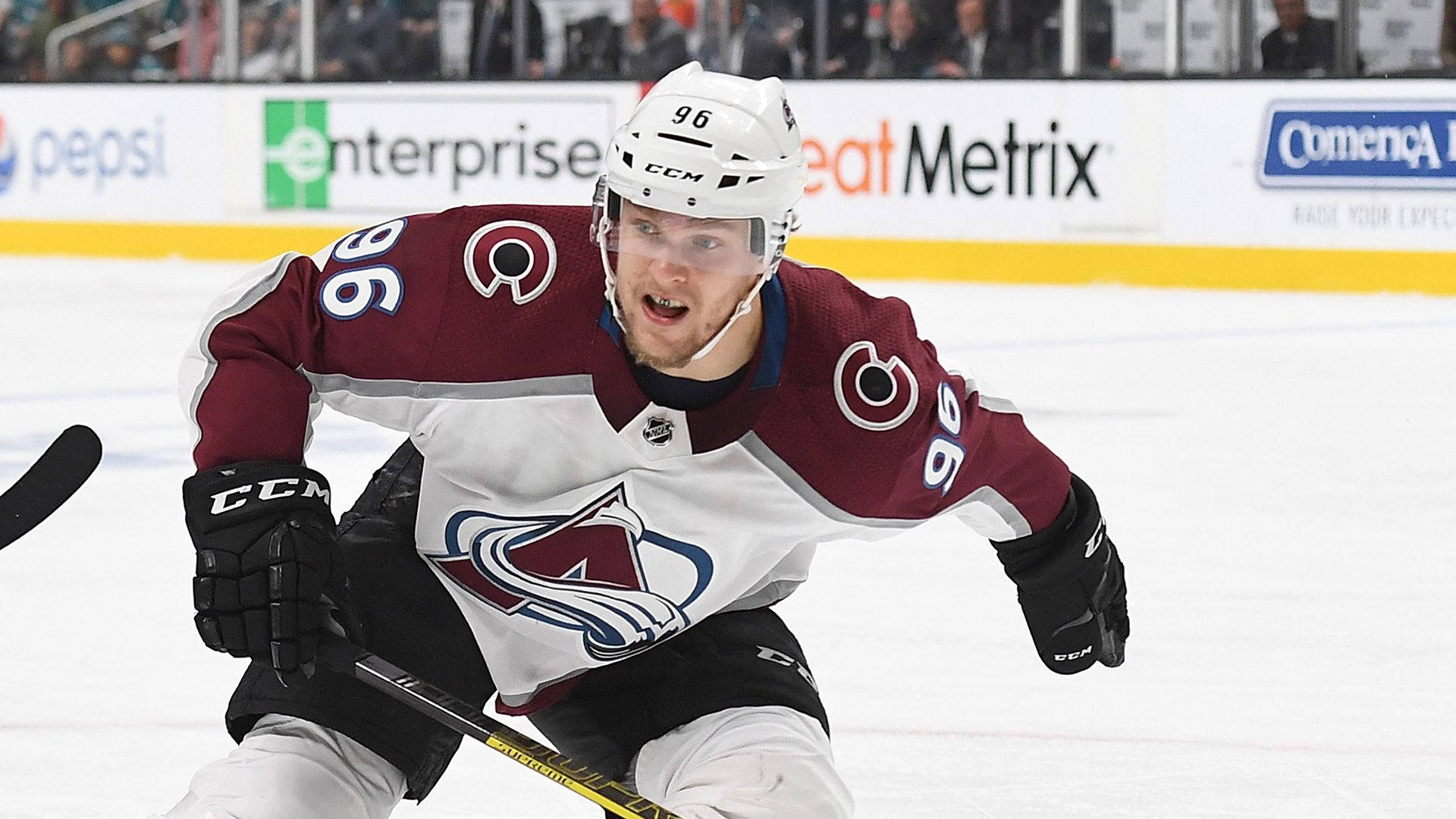 Mikko Rantanen, maroon and white jersey, ice, Full HD Desktop Wallpaper