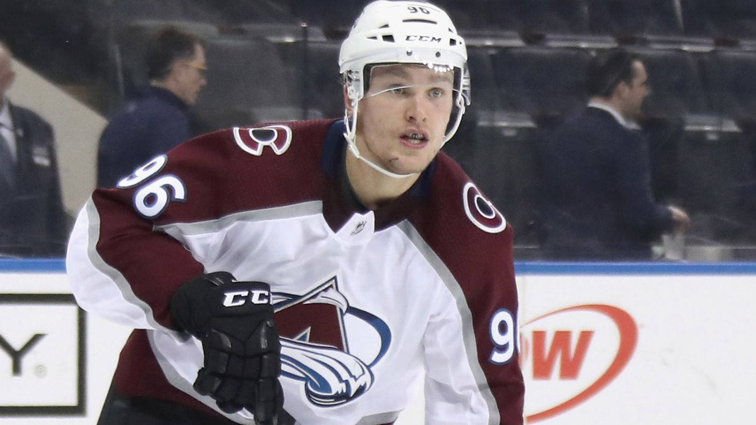 Mikko Rantanen, maroon and white uniform, ice rink, HD Desktop Wallpaper