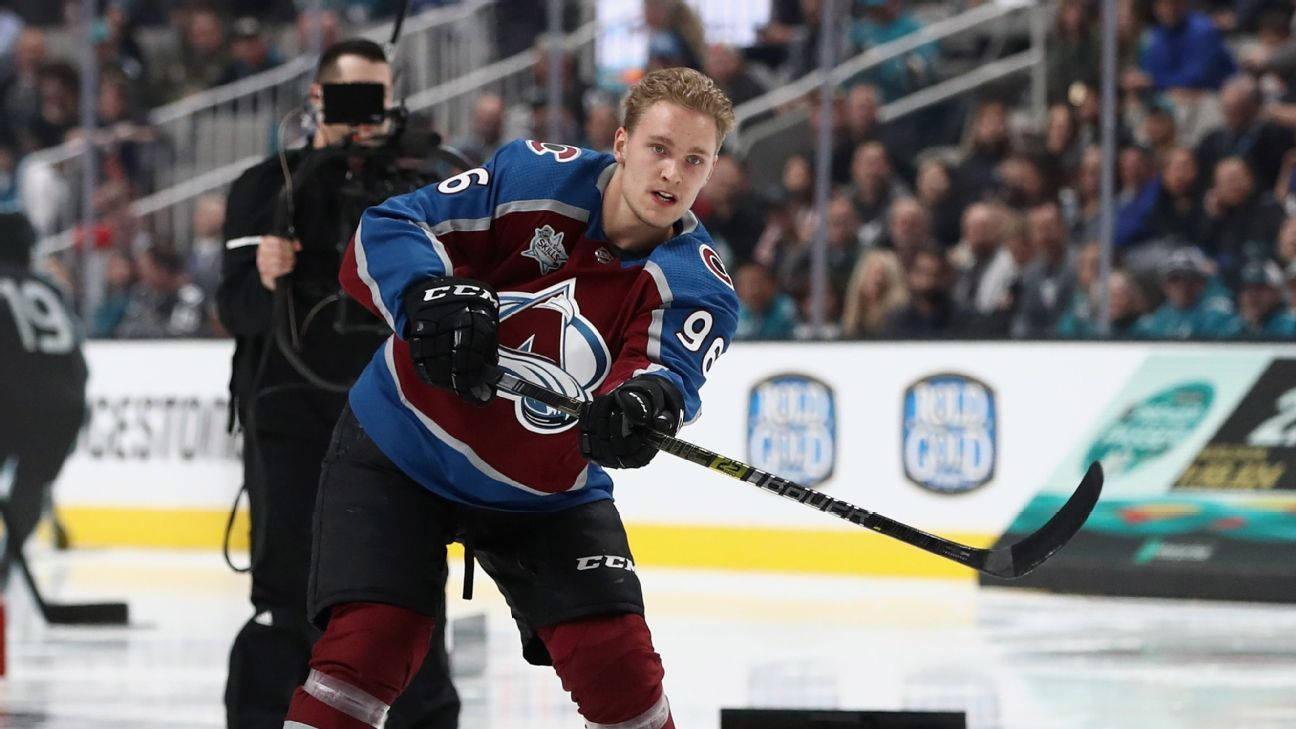 Mikko Rantanen, blue and red jersey, ice rink, HD Desktop Wallpaper