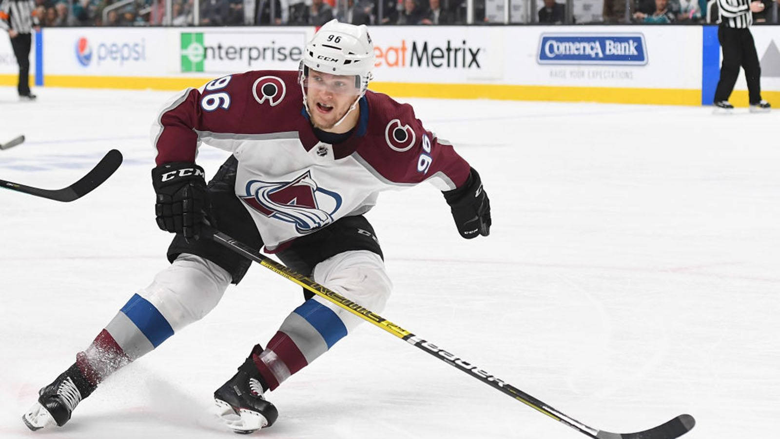 Mikko Rantanen, maroon and white gear, hockey stick, HD Desktop Wallpaper