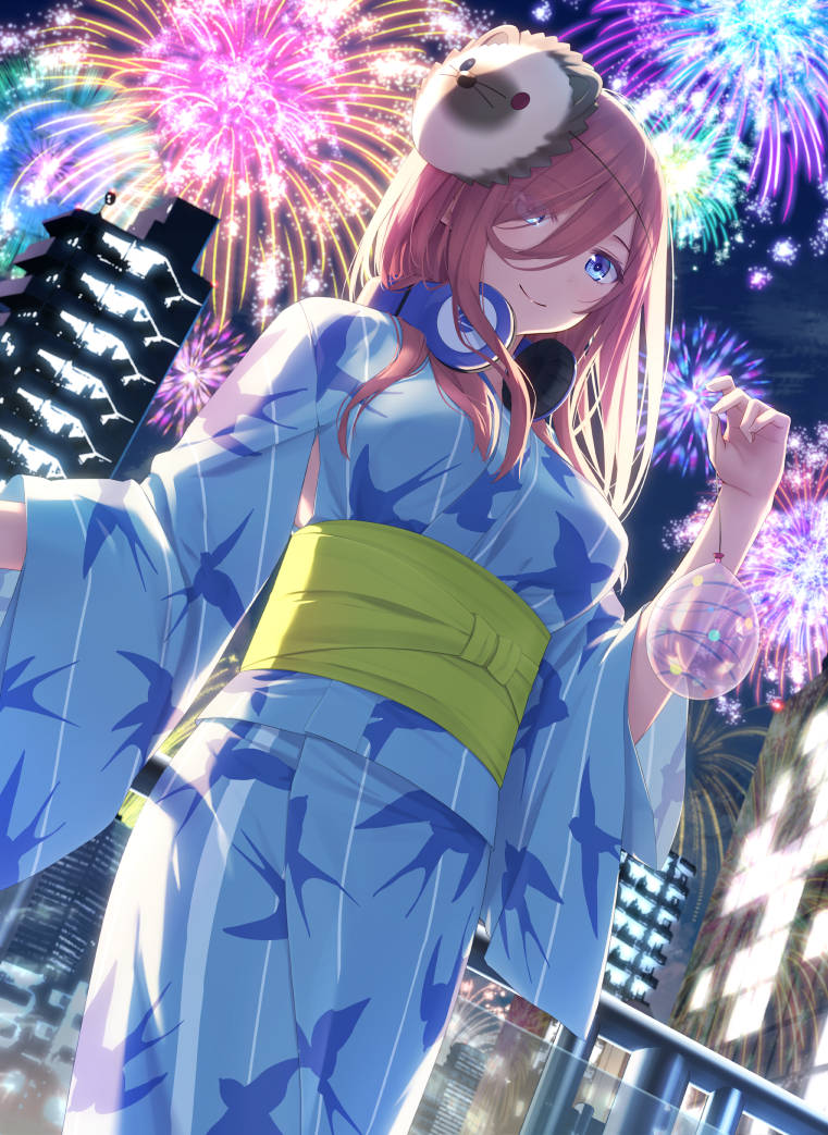 Miku Nakano, fireworks, blue kimono, SD Phone Wallpaper