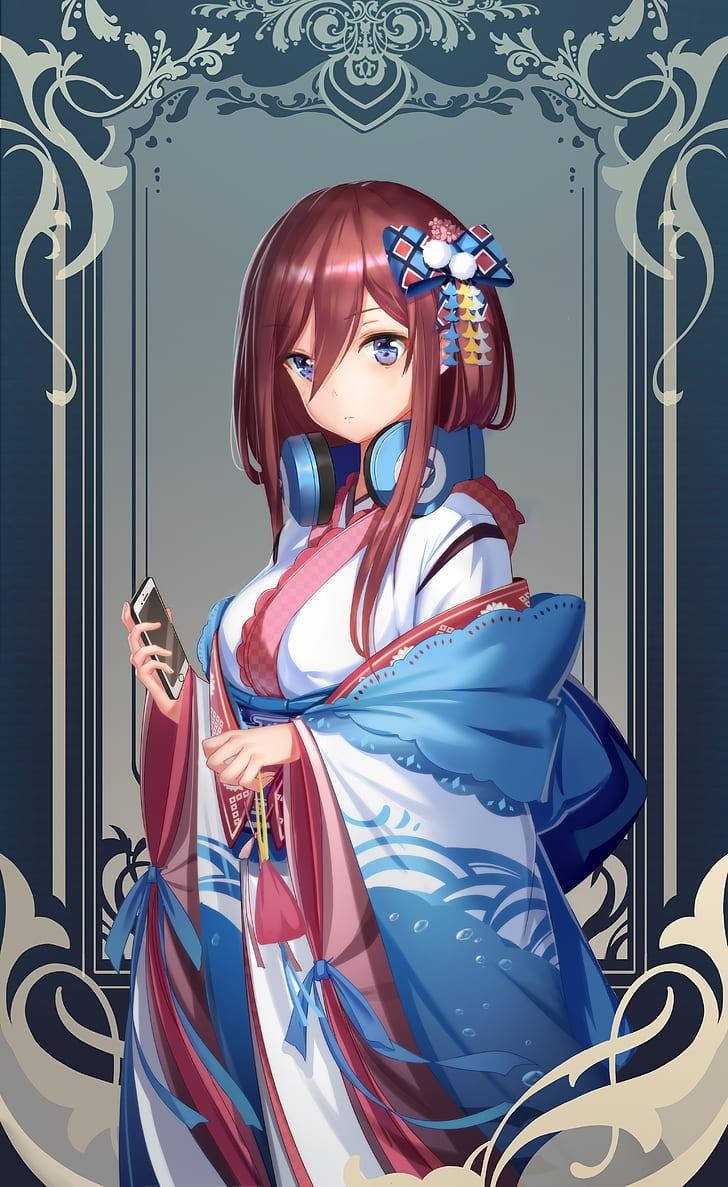 Miku Nakano, wafuku, blue and pink kimono, SD Phone Wallpaper