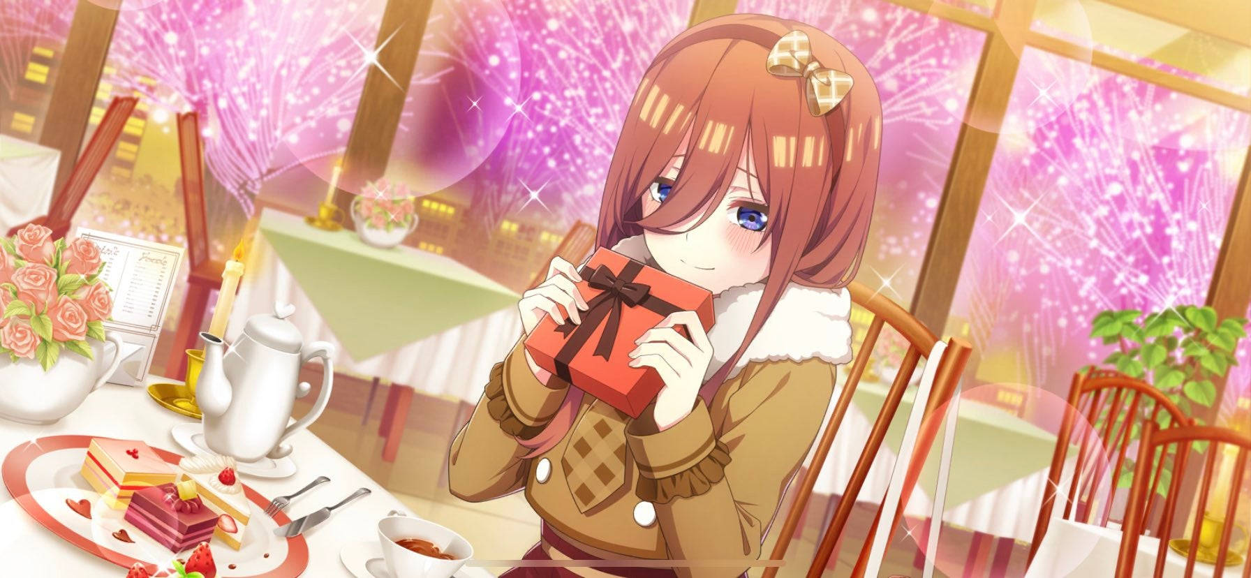 Miku Nakano, brown hair, red gift box, HD Desktop Wallpaper