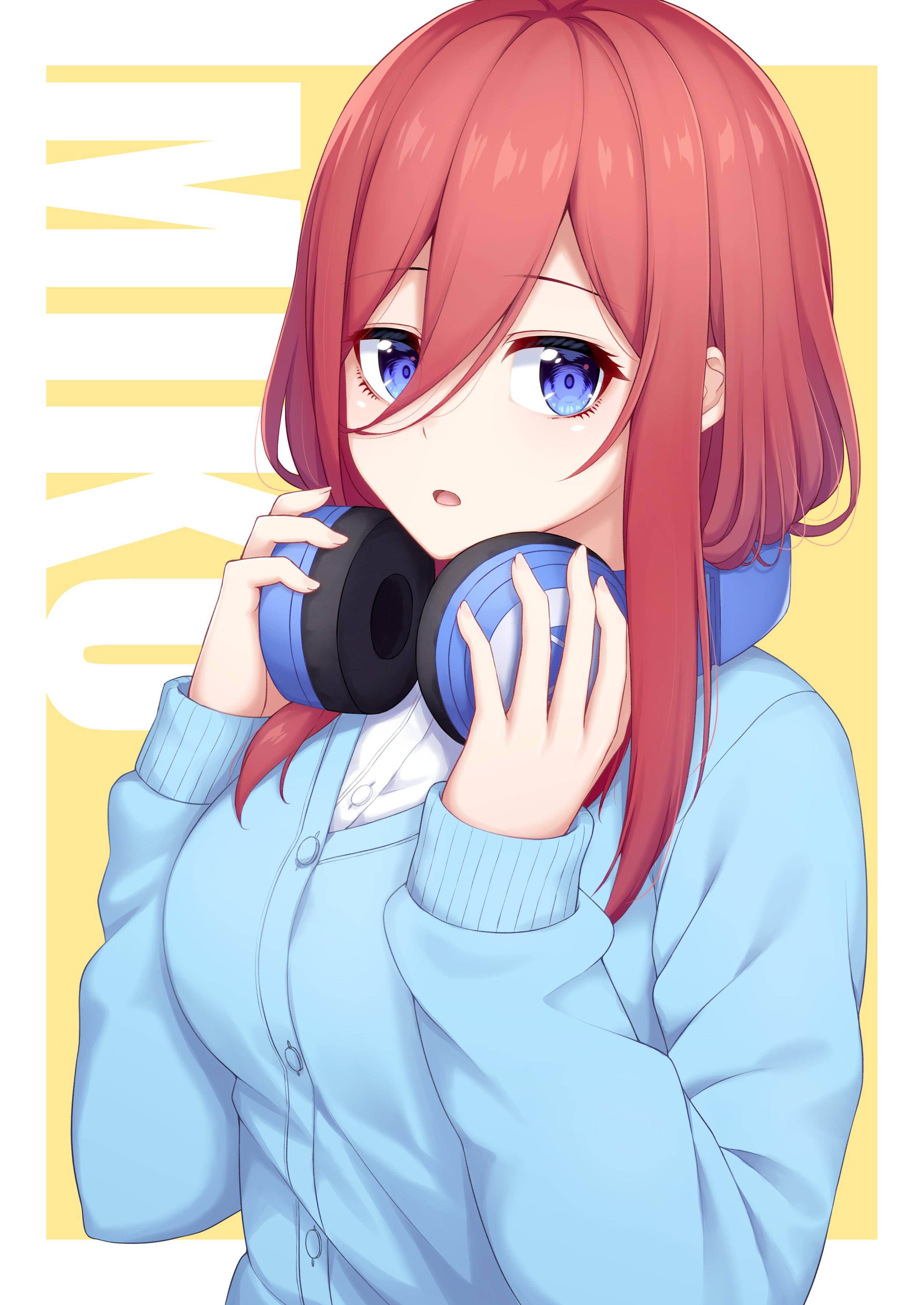 Miku Nakano, blue headphones, red-haired, 2K Phone Wallpaper