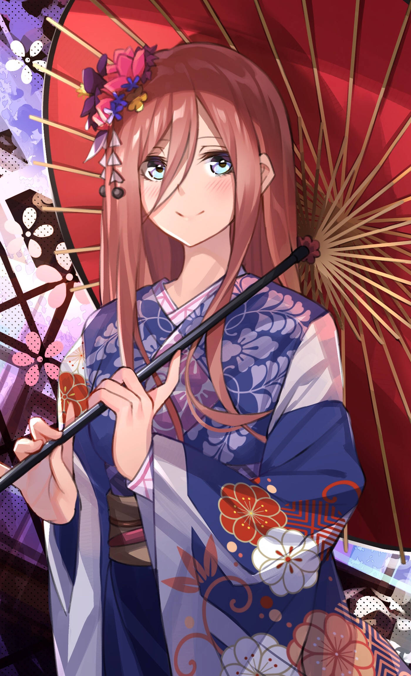 Miku Nakano, blue floral kimono, red paper umbrella, Full HD Phone Wallpaper
