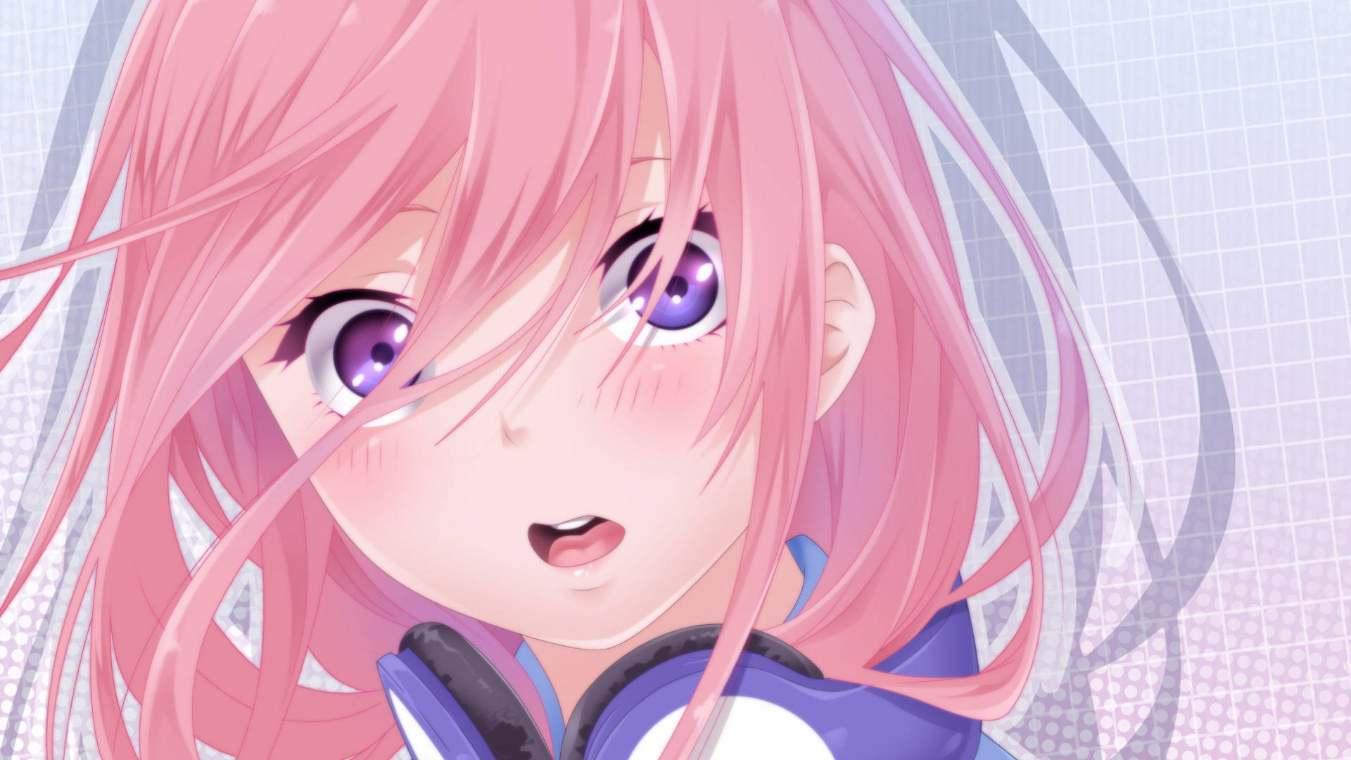 Miku Nakano, pink hair, purple eyes, Full HD Desktop Wallpaper