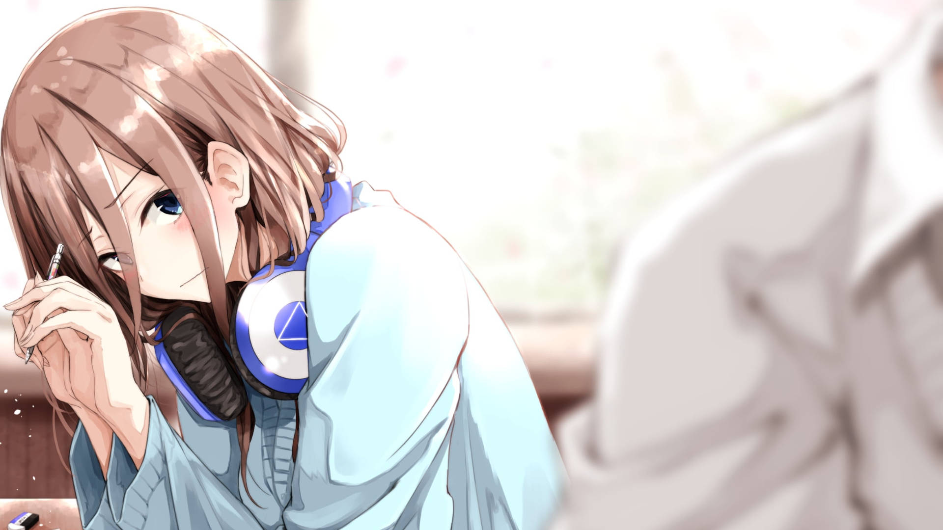 Miku Nakano, brown hair, blue headphones, Full HD Desktop Wallpaper