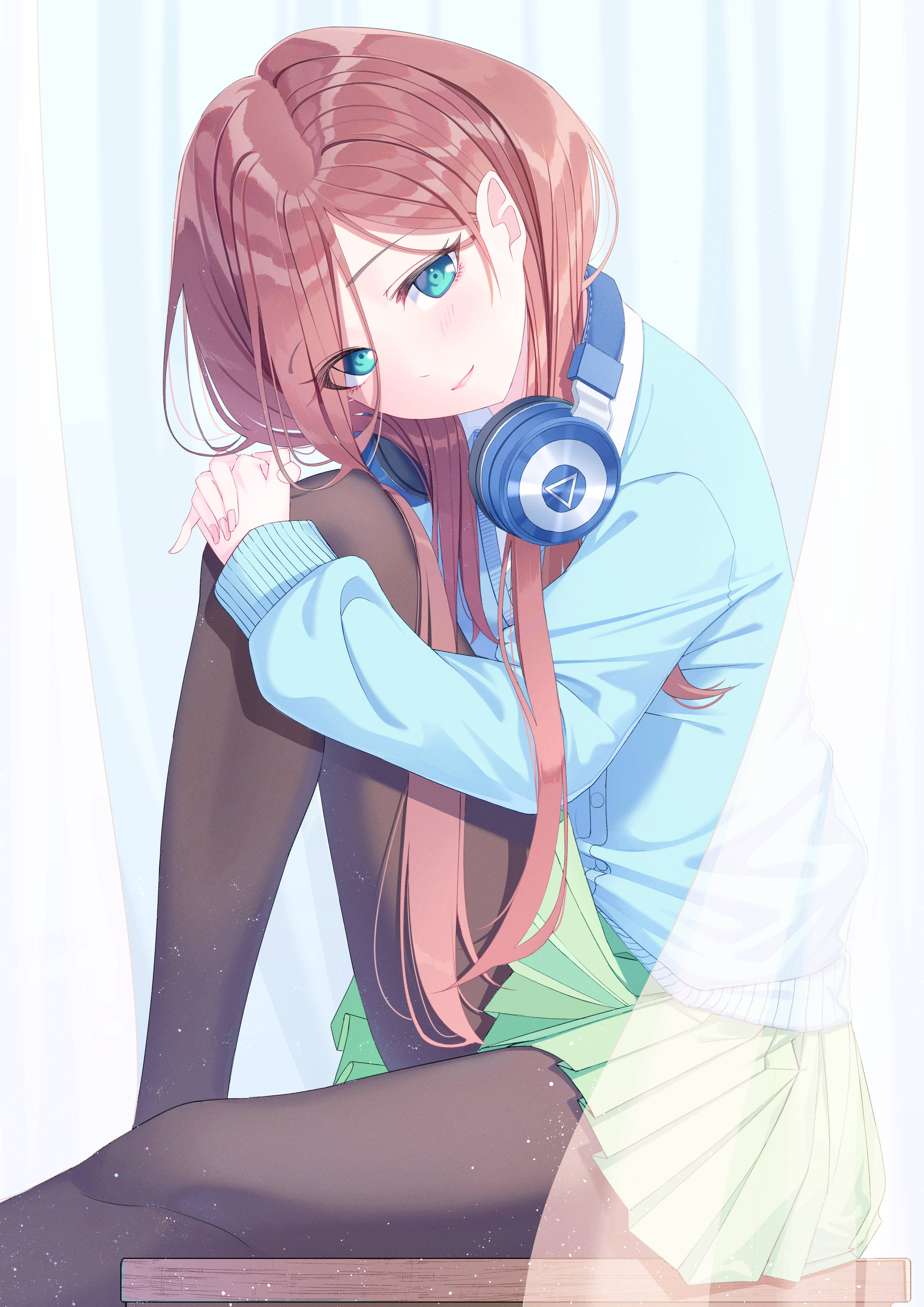 Miku Nakano, pink-haired anime girl, blue headphones, 4K Phone Wallpaper