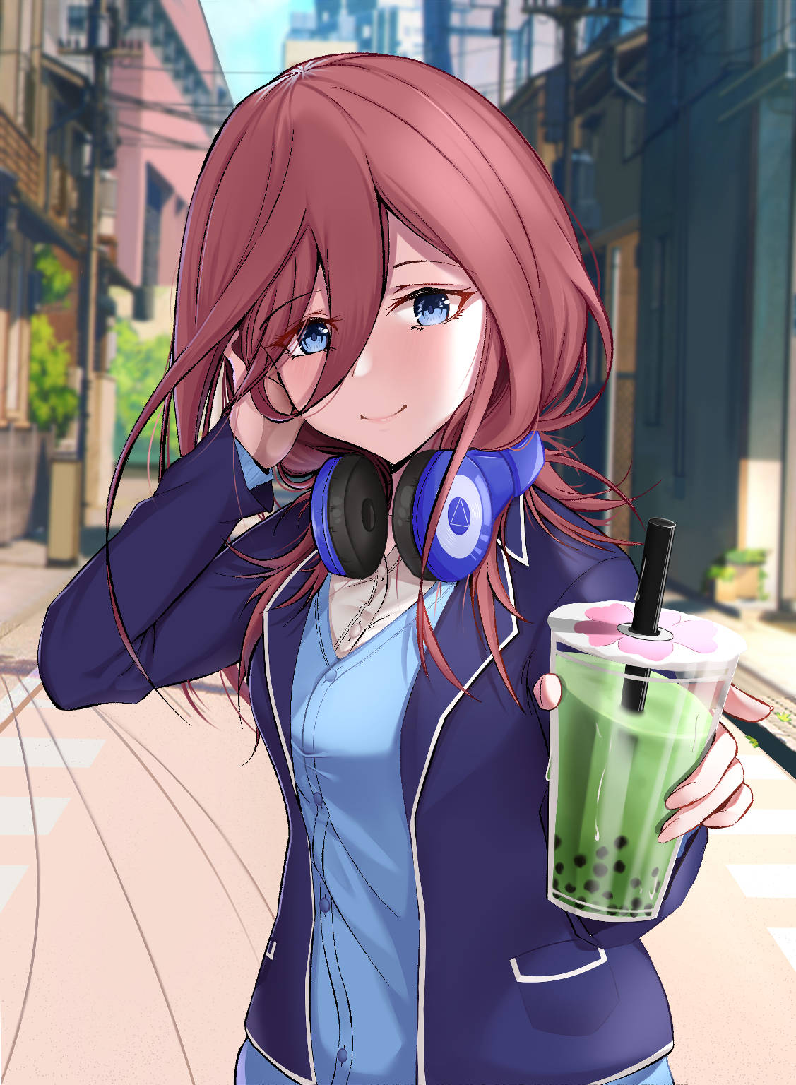 Miku Nakano, pink hair, blue headphones, HD Phone Wallpaper