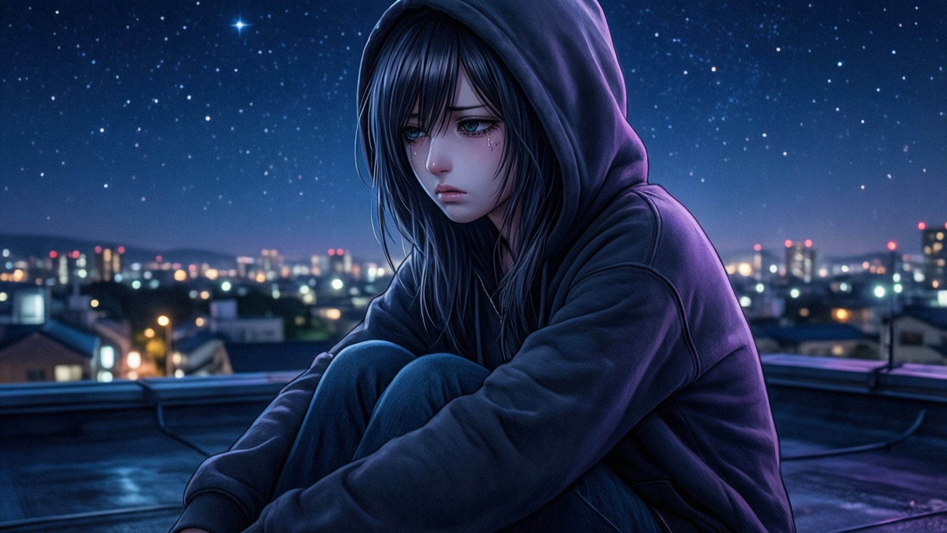 Miku Nakano, rooftop, starry sky, Full HD Desktop Wallpaper