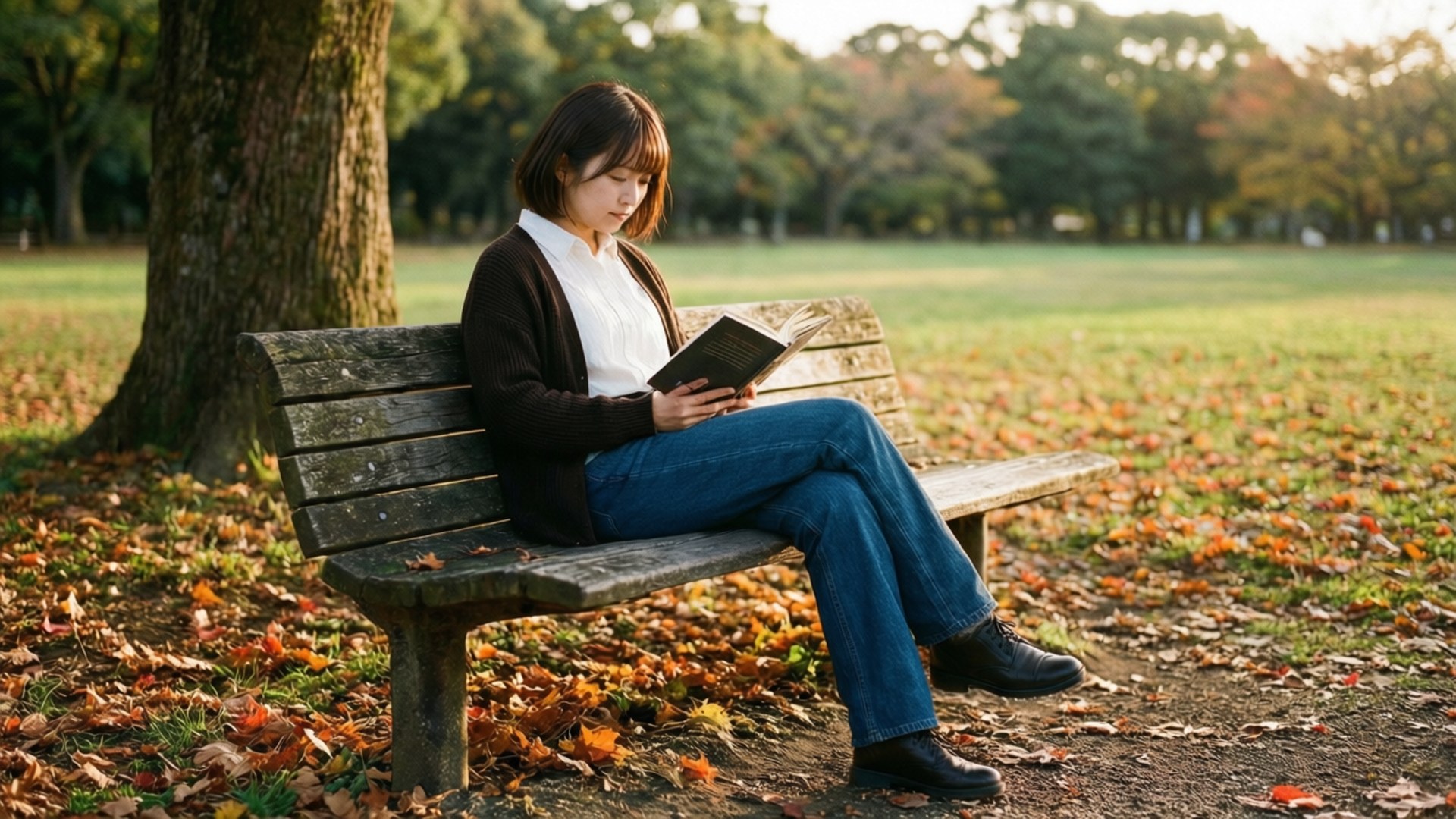 Miku Nakano, autumn park, wooden bench, Full HD Desktop Wallpaper