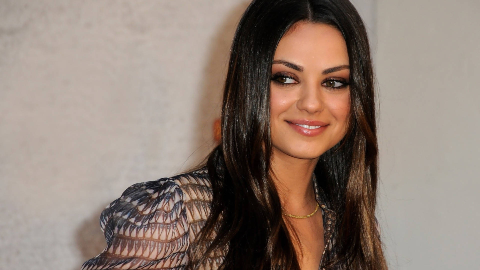 Mila Kunis, shy smile, long dark hair, Full HD Desktop Wallpaper