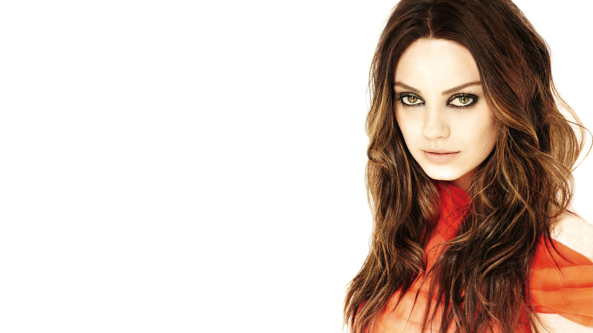 Mila Kunis, orange dress, long wavy brown hair, Full HD Desktop Wallpaper