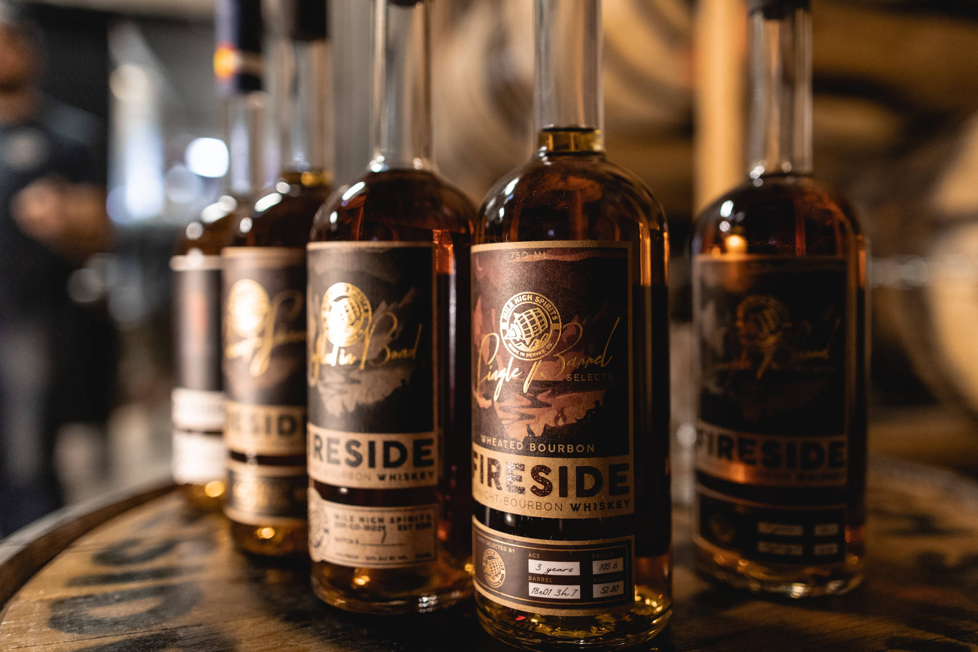 Mile High Spirits, amber whiskey bottles, gold labels, Full HD Desktop Wallpaper