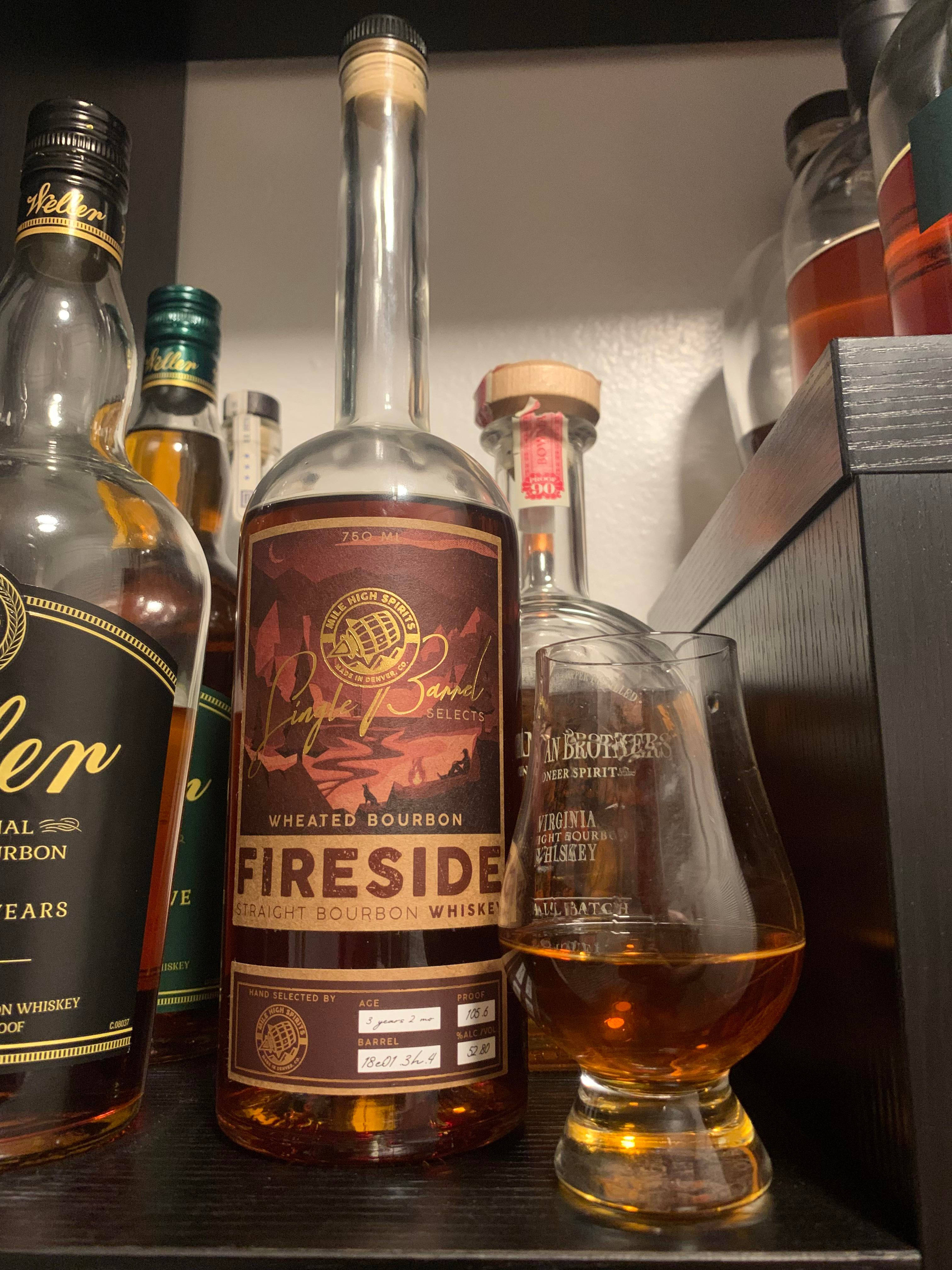 Fireside Wheated Bourbon Whiskey, amber liquid, dark shelf, 4K Phone Wallpaper