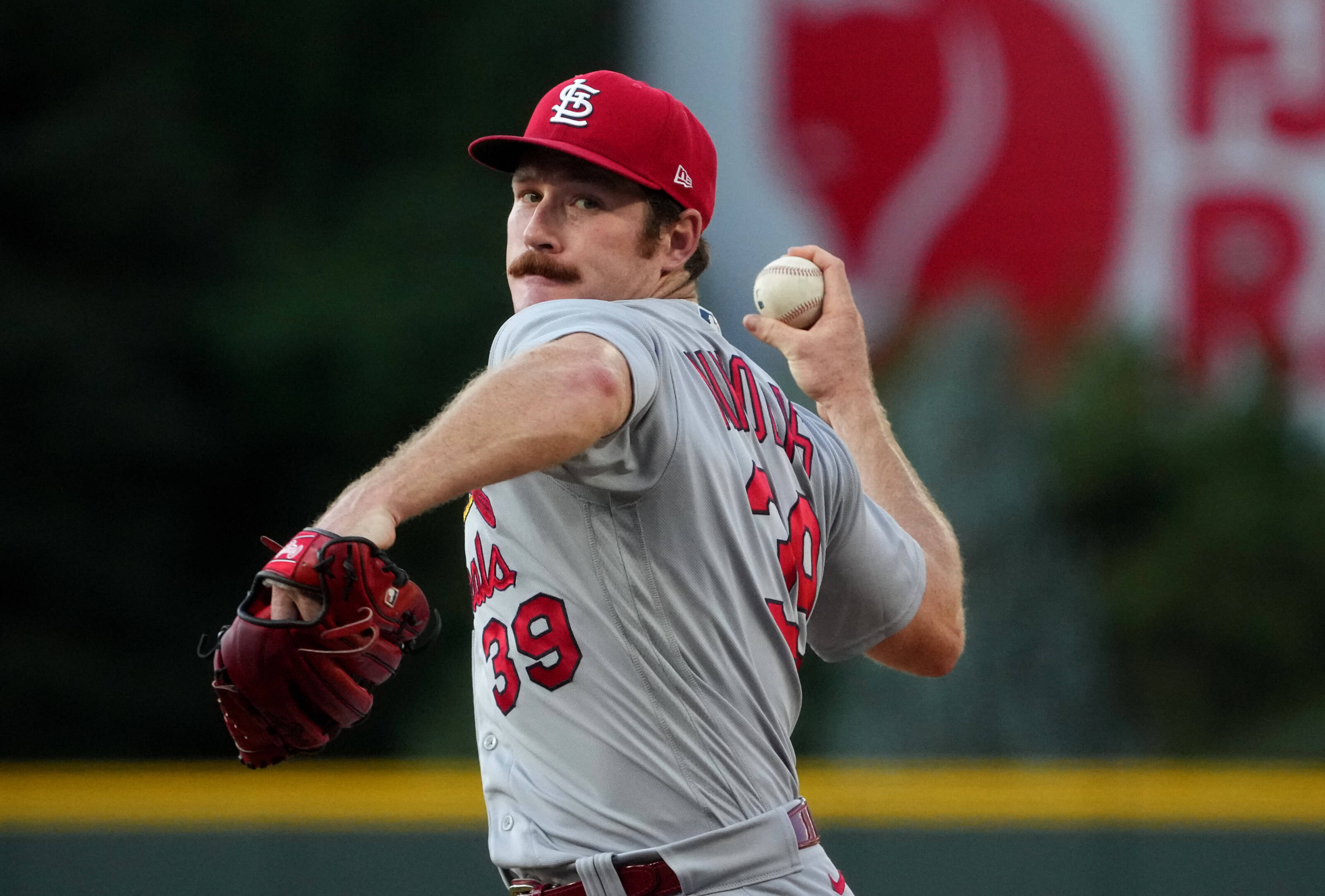 Miles Mikolas, gray and red uniform, stadium lights, 2K Desktop Wallpaper
