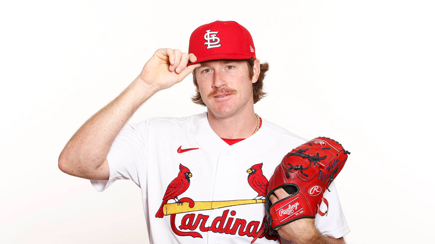 Miles Mikolas, red Cardinals cap, white jersey, HD Desktop Wallpaper