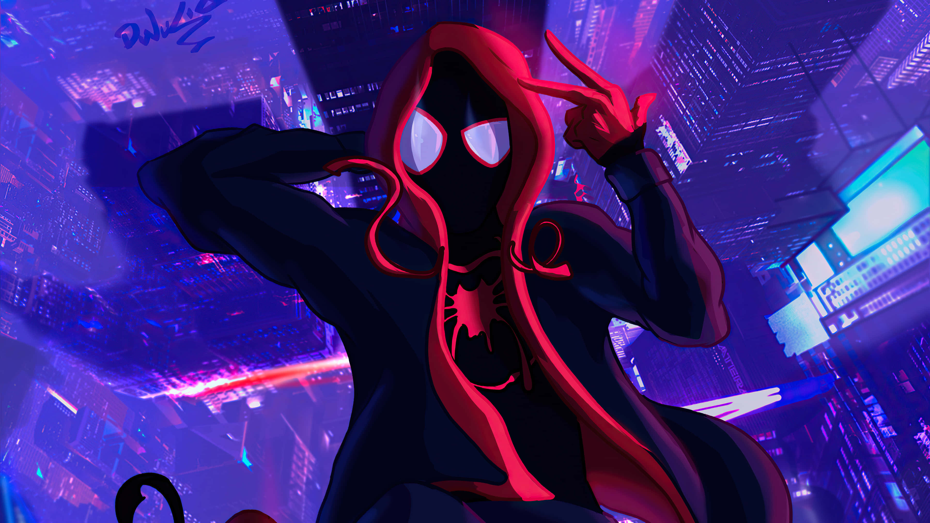 Miles Morales, red and black hooded Spider-Man, neon-lit futuristic cityscape, 4K Desktop Wallpaper