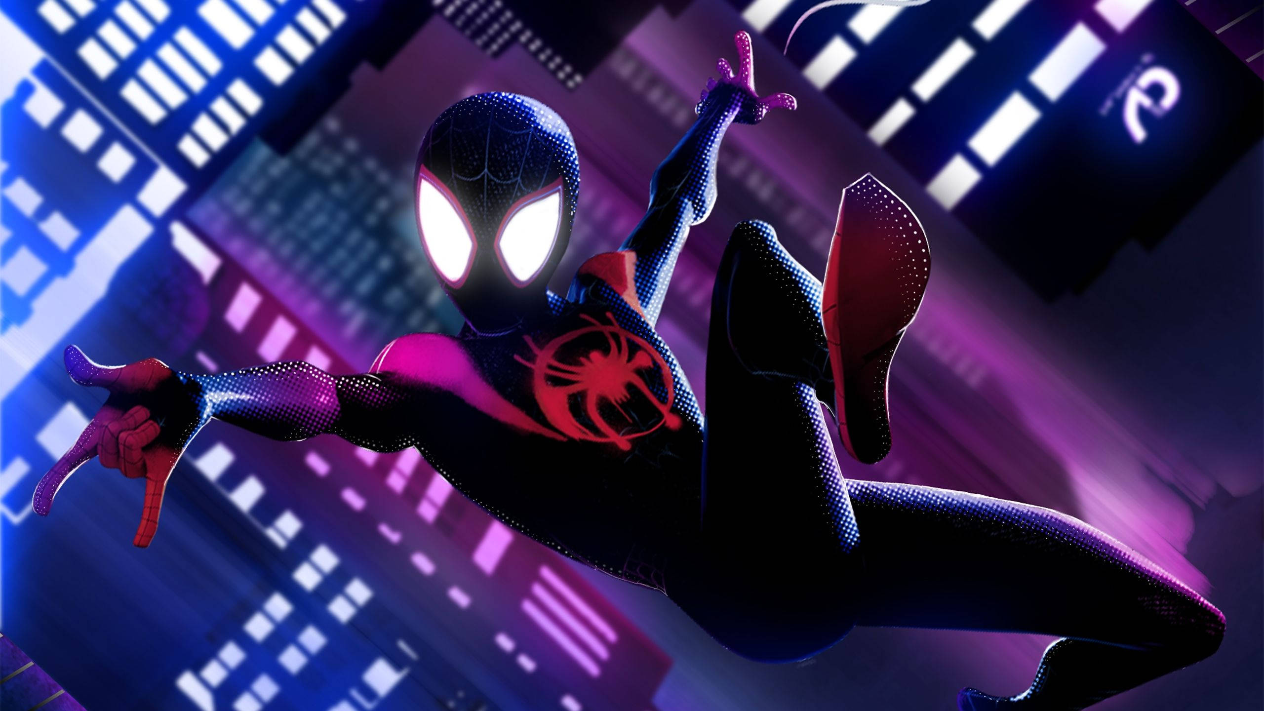 Miles Morales, neon-drenched cityscape, night, 2K Desktop Wallpaper