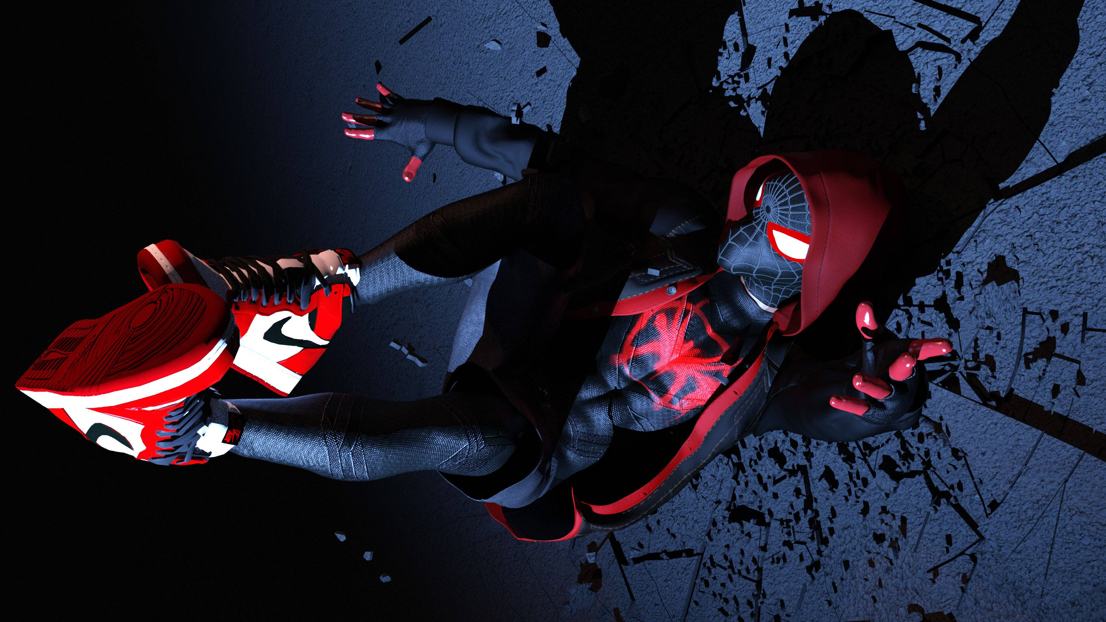 Miles Morales, red and black suit, concrete wall, 4K Desktop Wallpaper