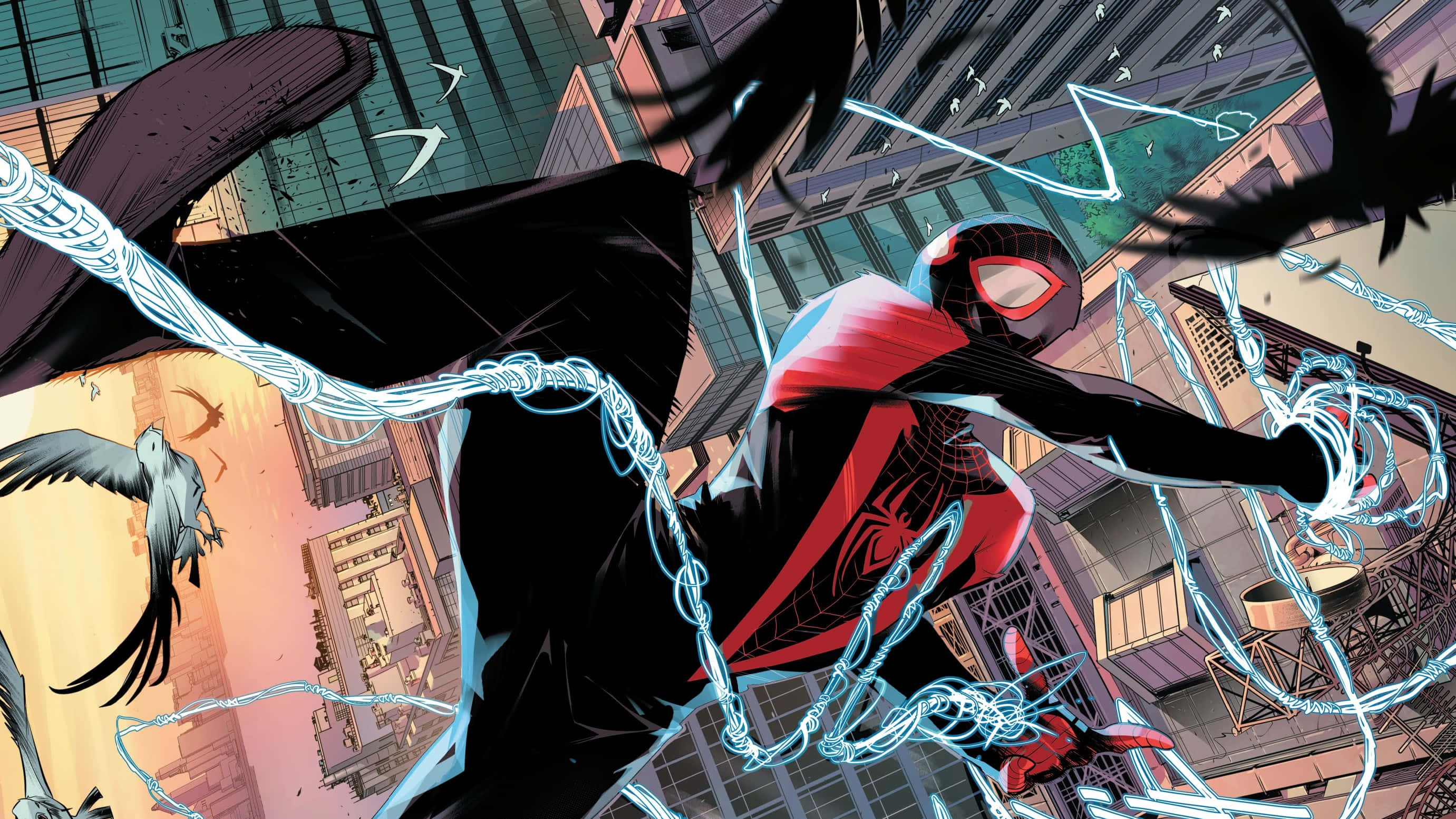 Miles Morales, red and black suit, cityscape, 2K Desktop Wallpaper