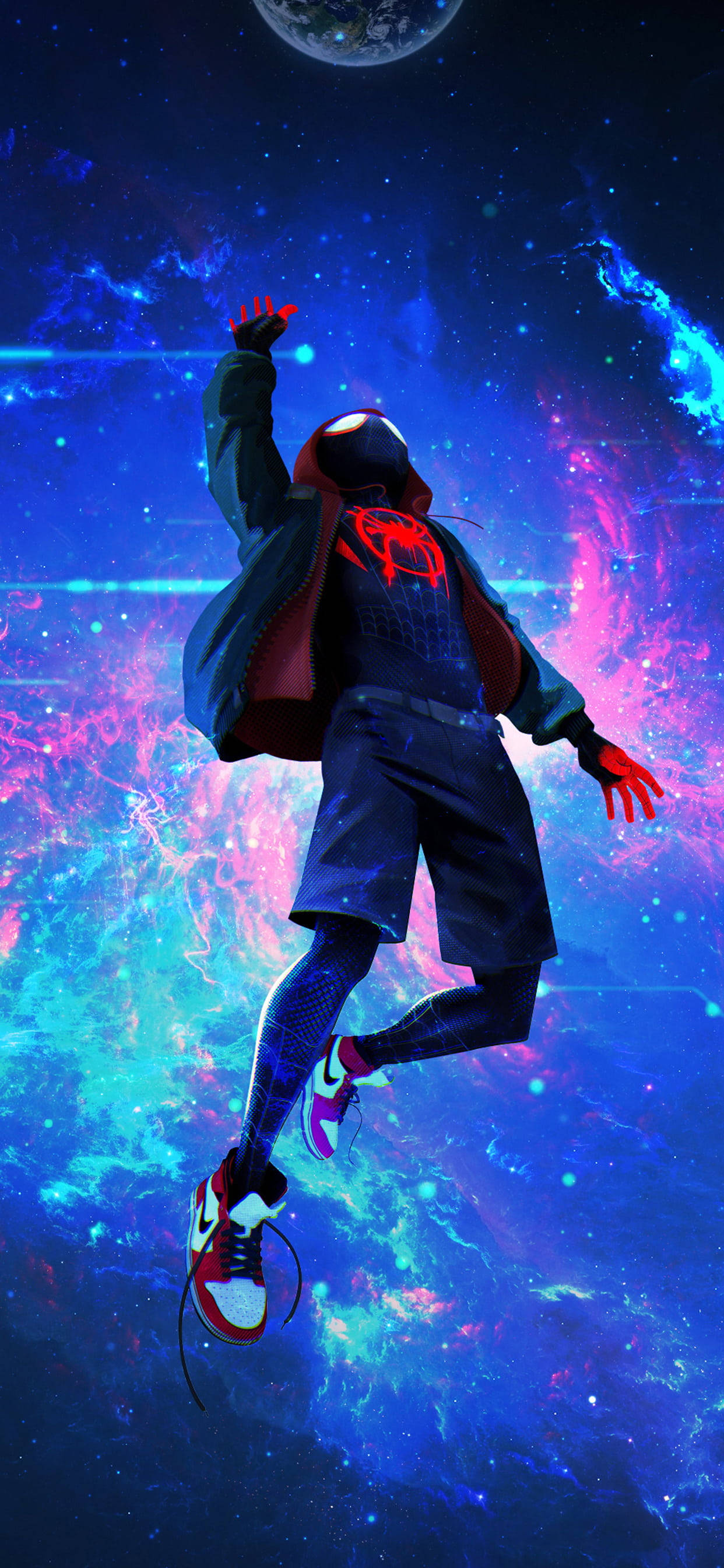Miles Morales, cosmic nebula, glowing blue pink and purple clouds, 2K Phone Wallpaper