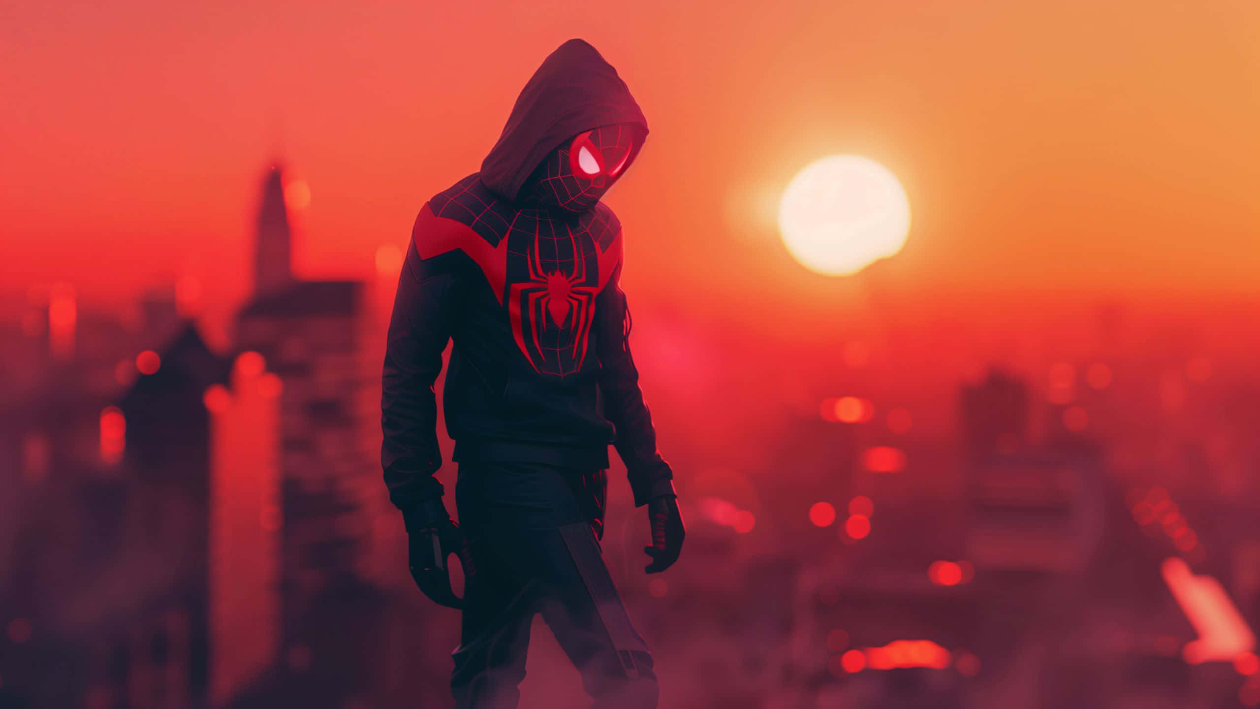 Miles Morales, red and black suit, glowing orange sunset, 2K Desktop Wallpaper