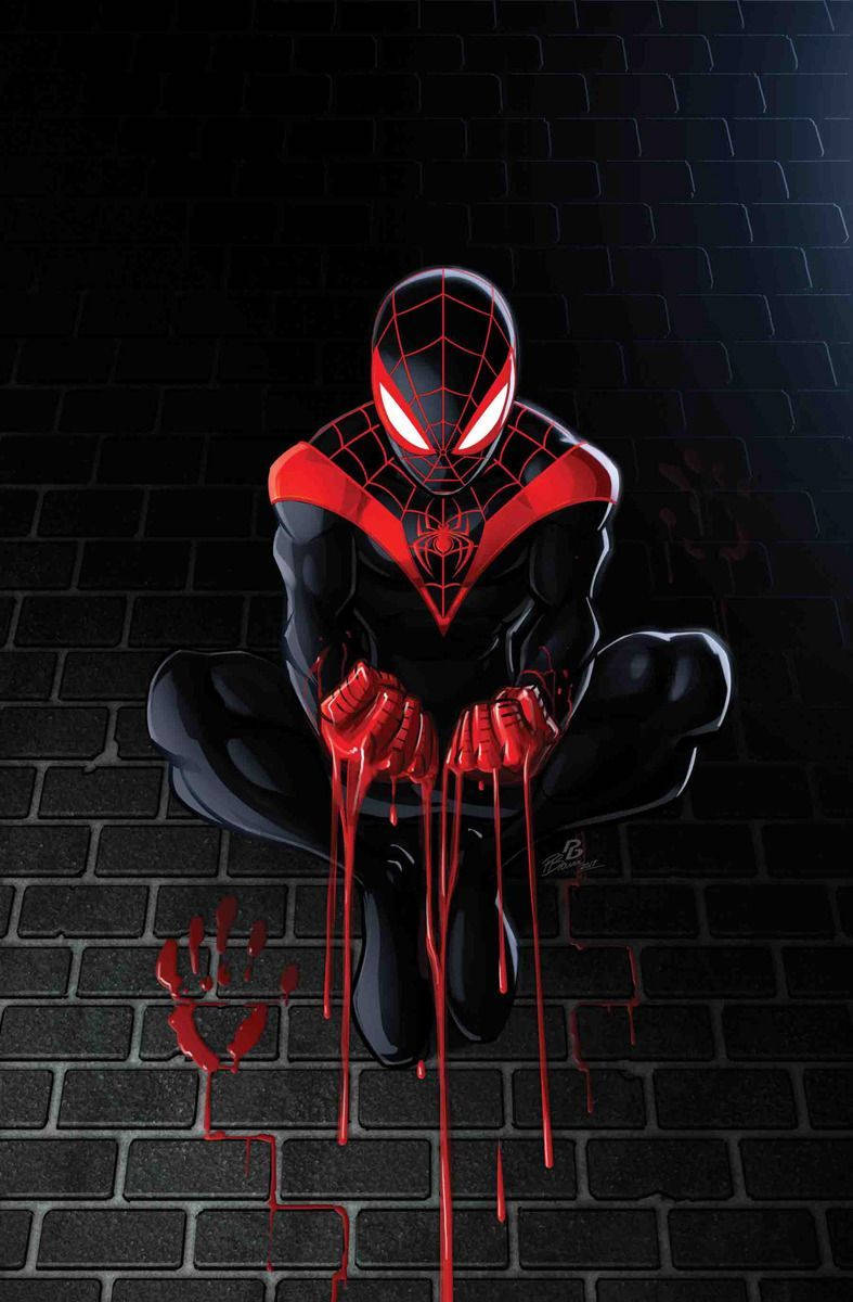 Miles Morales, black and red suit, dark brick wall, SD Phone Wallpaper