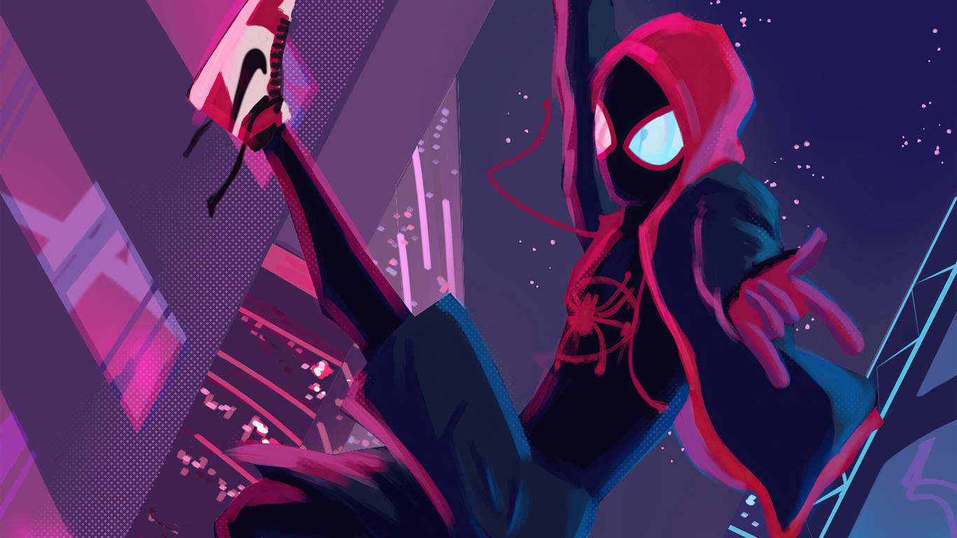 Miles Morales, red hood, neon-lit cityscape, HD Desktop Wallpaper