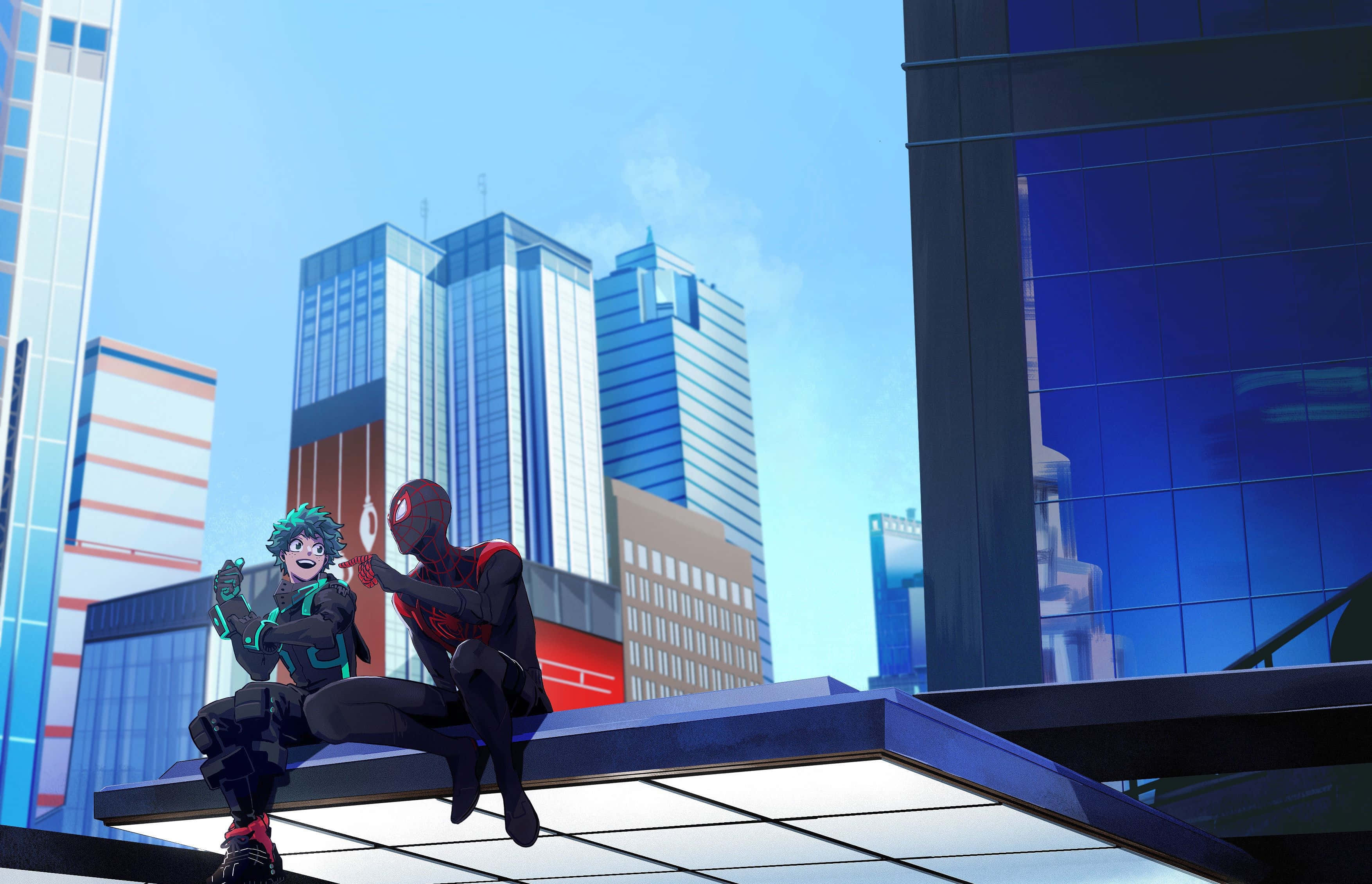 Miles Morales, rooftop ledge, towering glass skyscrapers, 2K Desktop Wallpaper