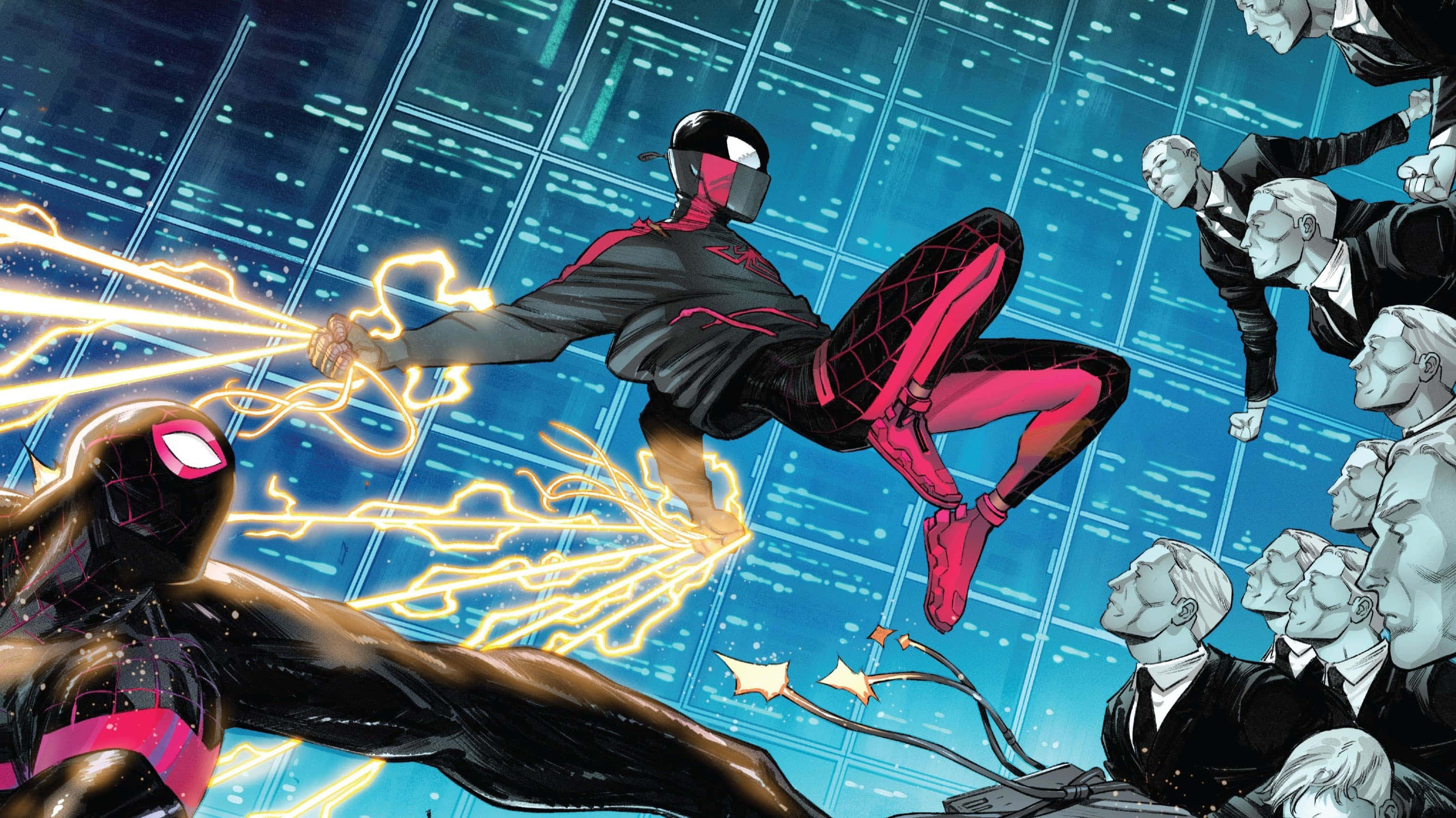 Miles Morales, black and pink suit, digital grid, 2K Desktop Wallpaper