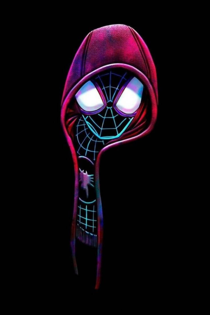 Miles Morales, glowing spider-masked figure, hooded suit, SD Phone Wallpaper