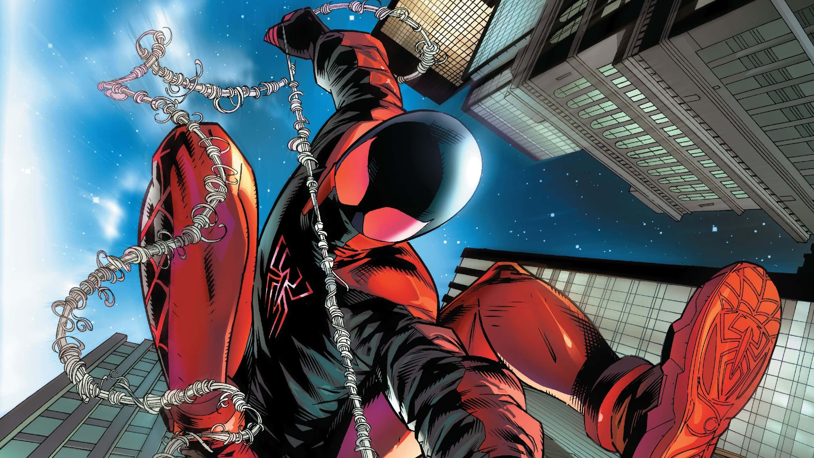Miles Morales, red and black suit, skyscrapers, 2K Desktop Wallpaper