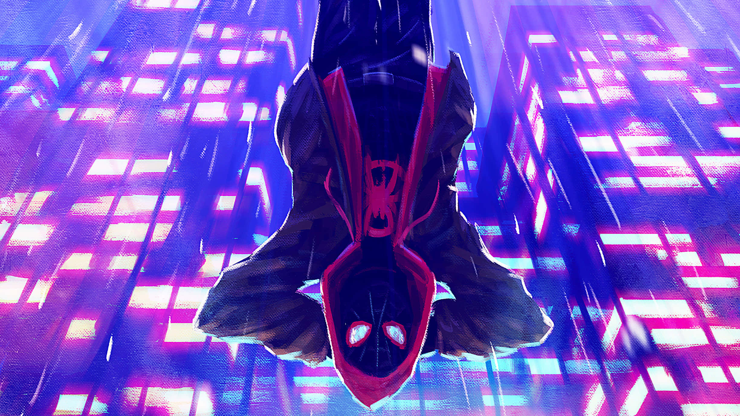 Miles Morales, red and black spider hero, glowing purple and blue neon cityscape, Full HD Desktop Wallpaper