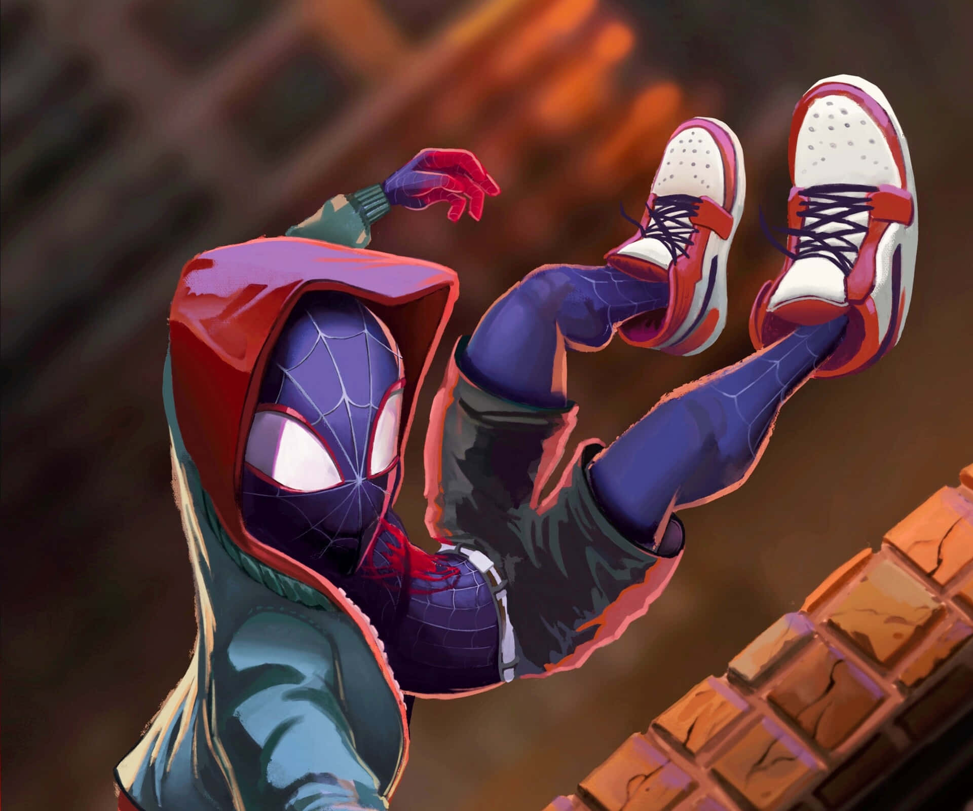Miles Morales, red hooded jacket, sneakers upturned, Full HD Desktop Wallpaper
