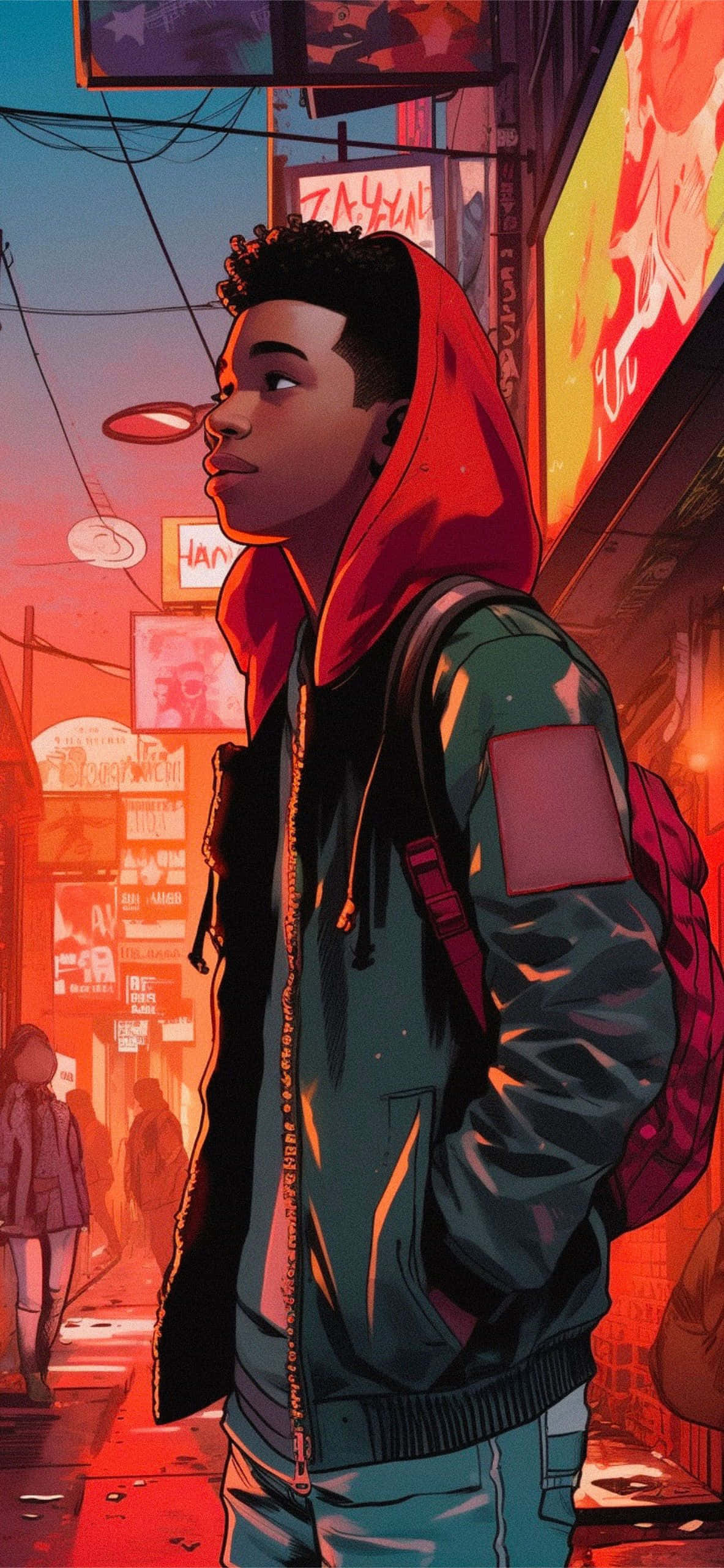 Miles Morales, red hoodie, green jacket, 2K Phone Wallpaper