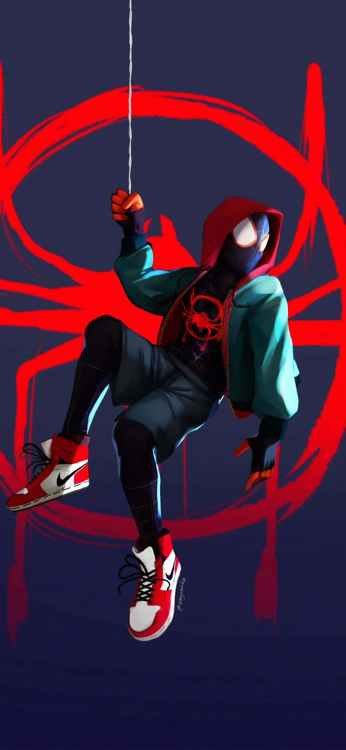 Miles Morales, red hood, teal jacket, Full HD Phone Wallpaper