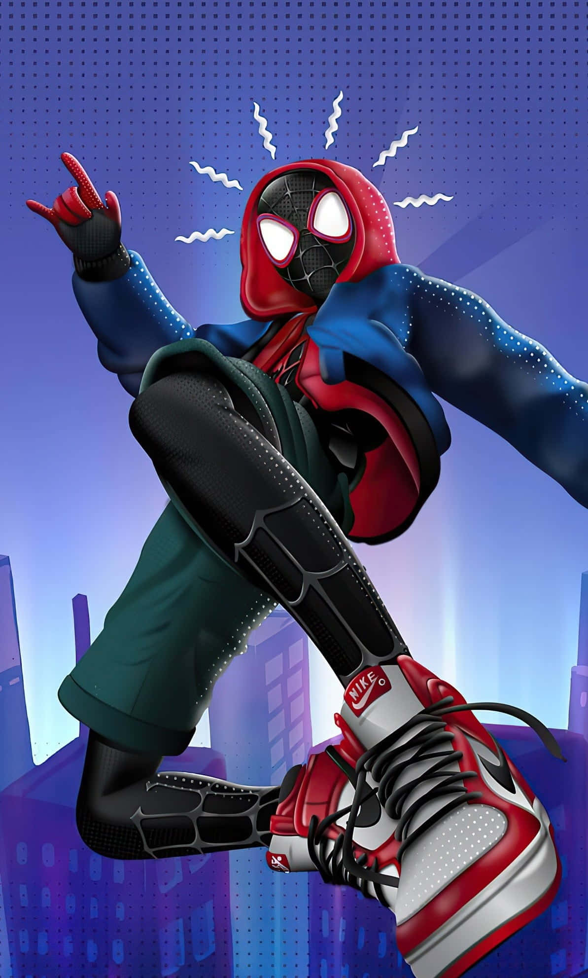 Miles Morales, red blue suit, purple cityscape, Full HD Phone Wallpaper