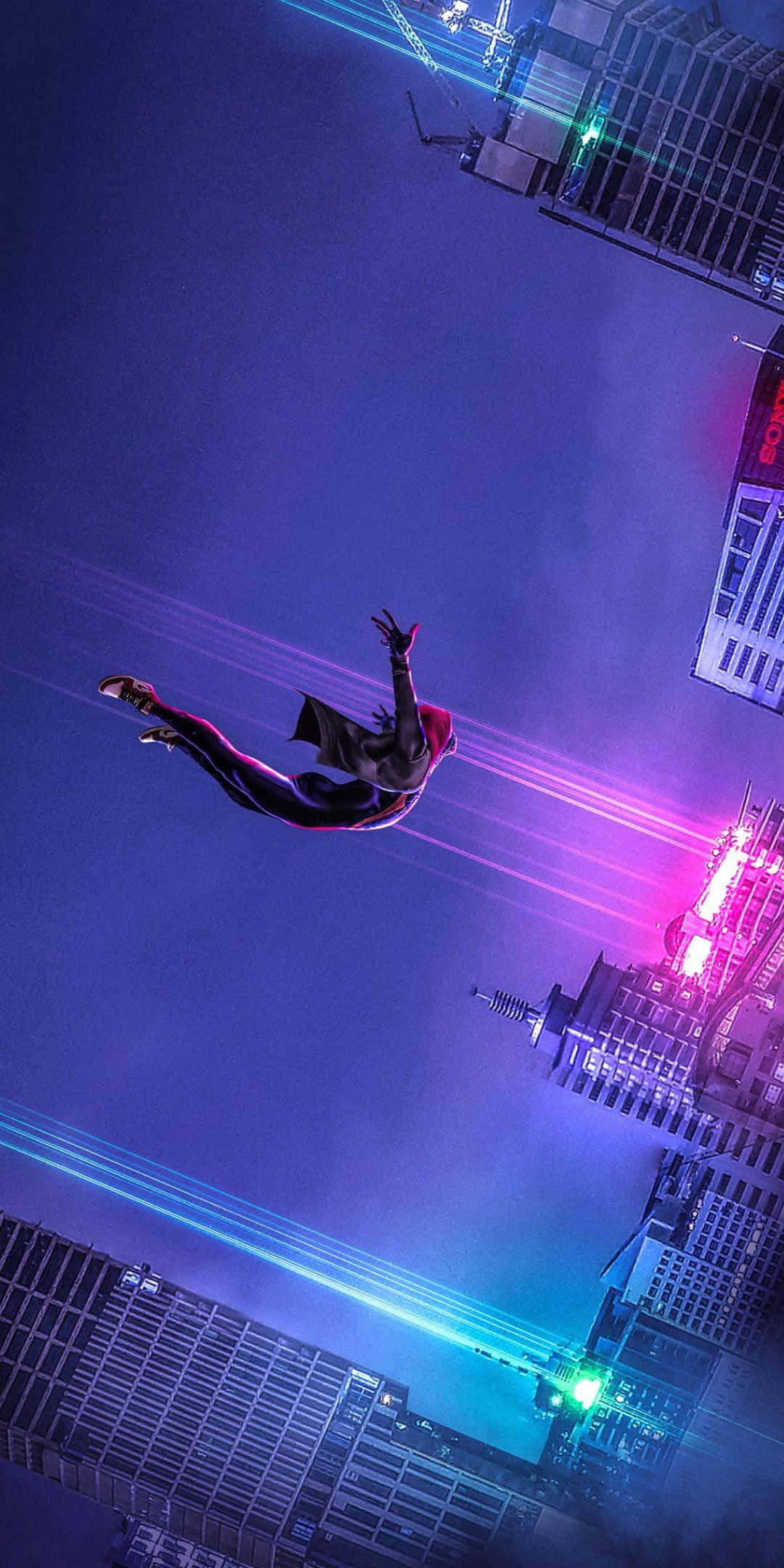Miles Morales, neon-drenched cityscape, night, Full HD Phone Wallpaper