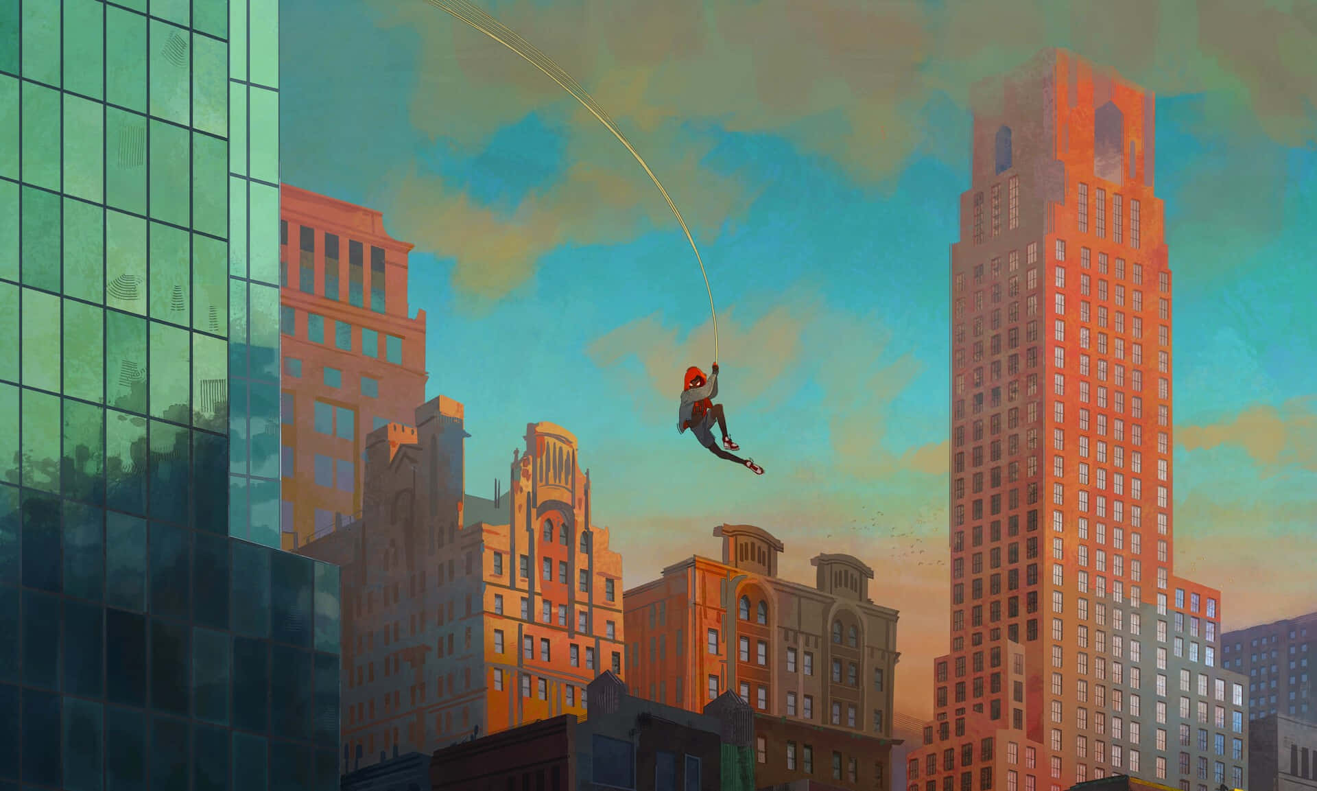 Miles Morales, cityscape, sunset, Full HD Desktop Wallpaper