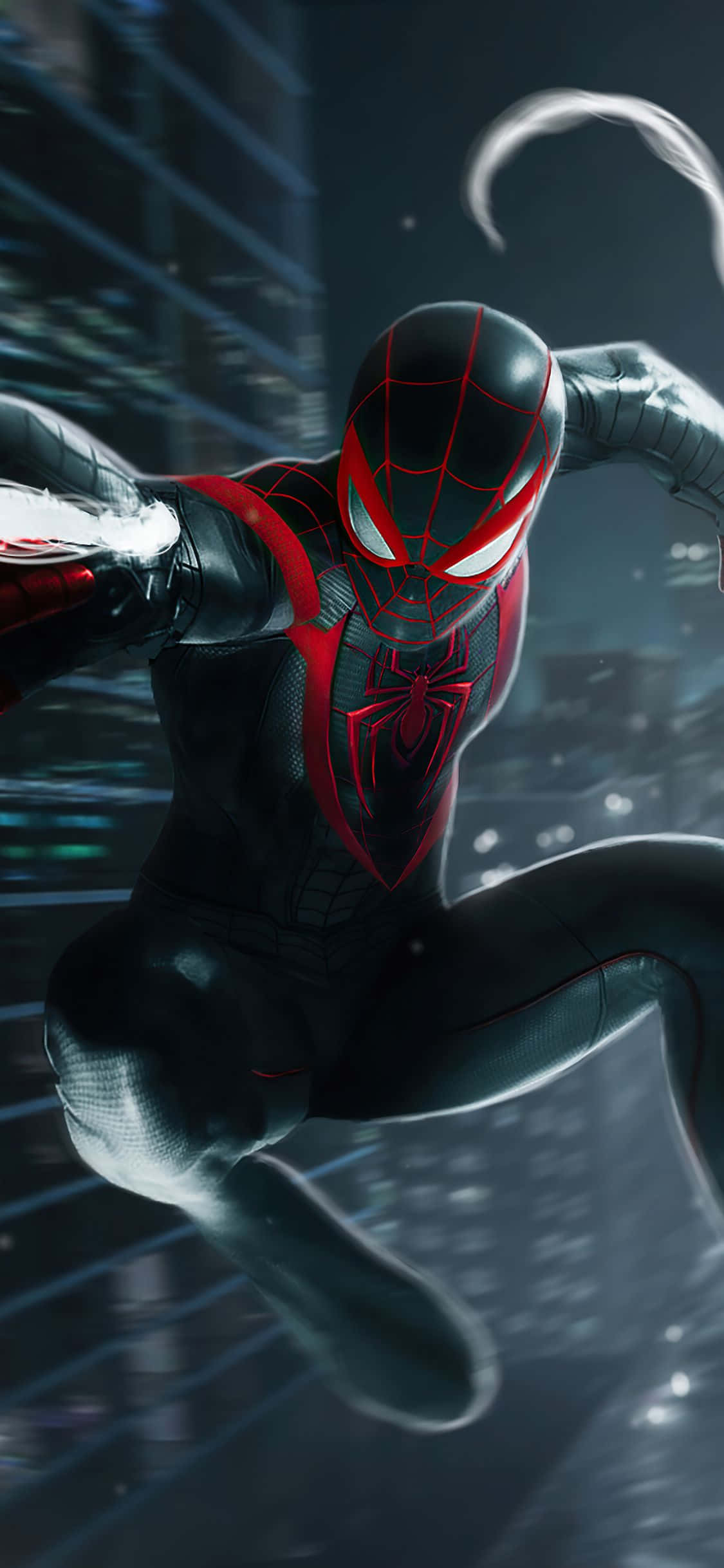 Miles Morales, black and red suit, neon-lit cityscape, Full HD Phone Wallpaper