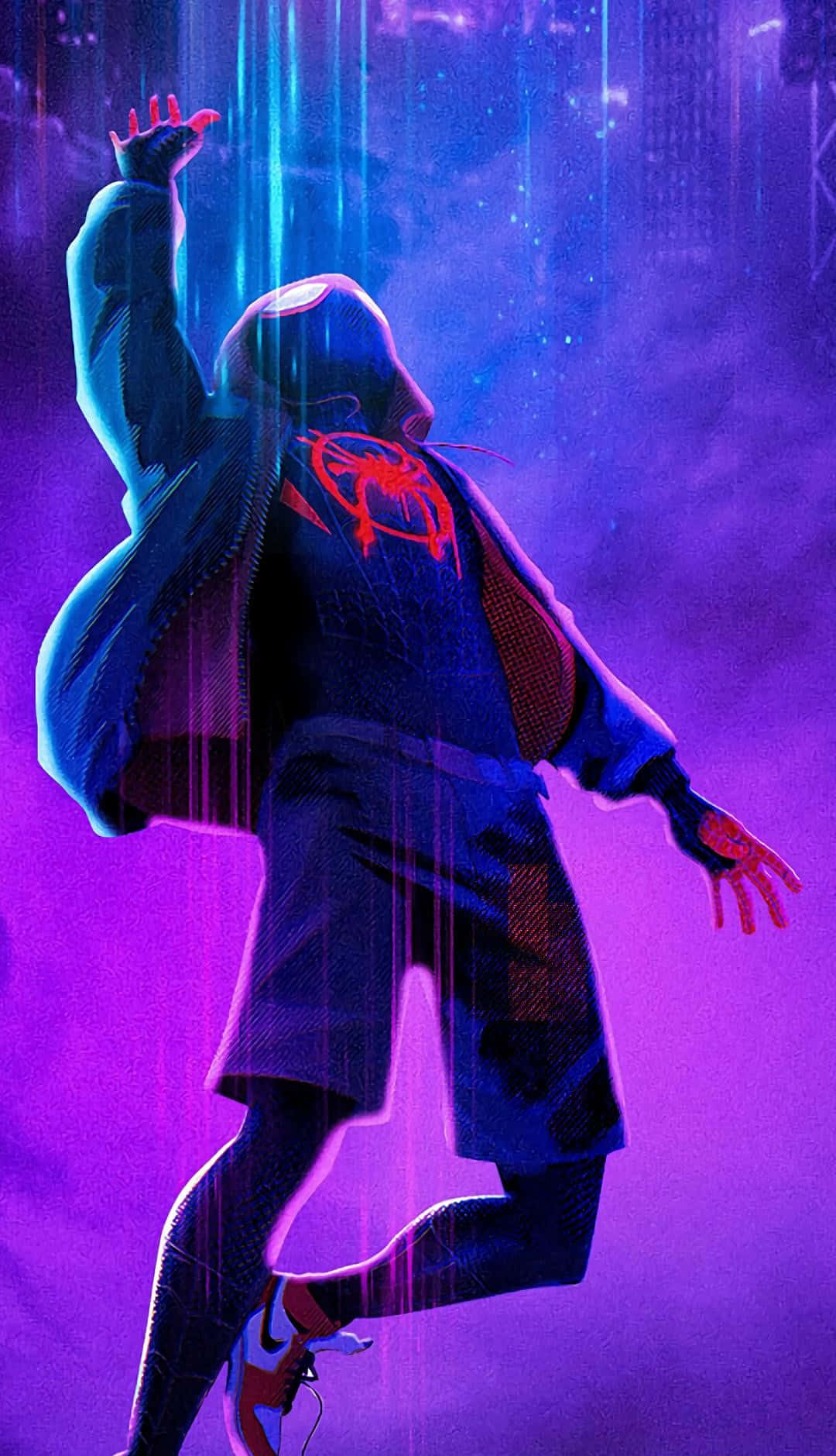 Miles Morales, neon purple and blue digital cityscape, glowing red spider emblem, HD Phone Wallpaper