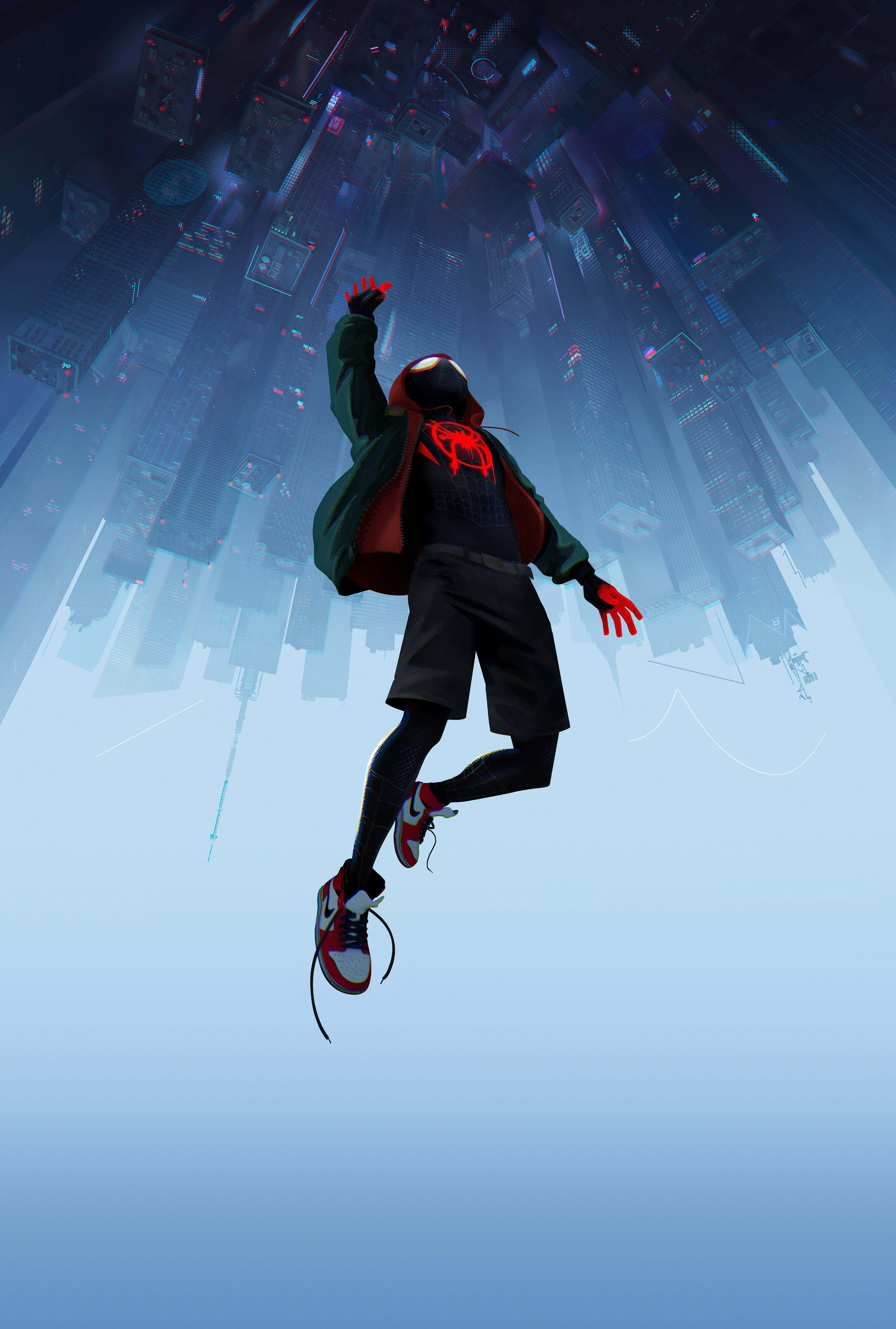 Miles Morales, red spider emblem jacket, futuristic cityscape, 8K Phone Wallpaper