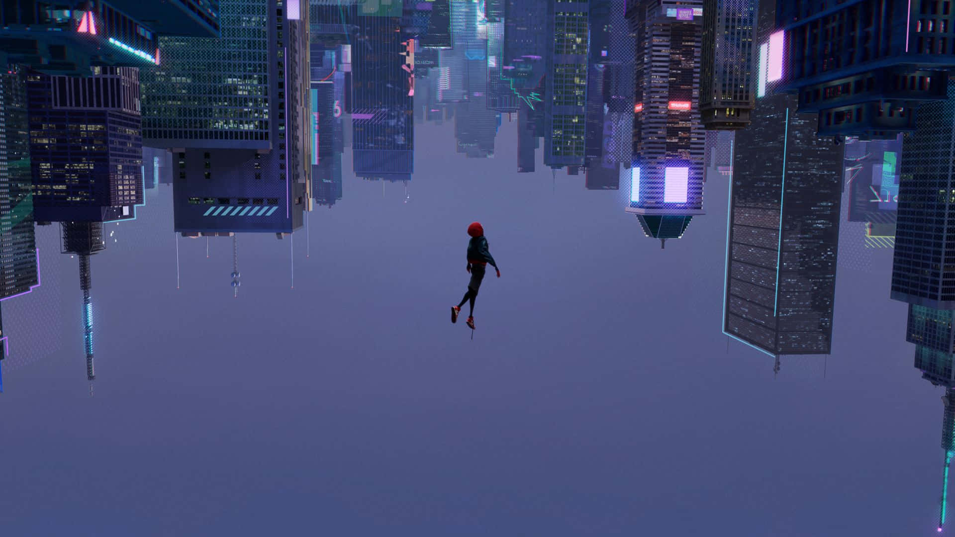 Miles Morales, red helmet, neon-drenched cyberpunk cityscape, Full HD Desktop Wallpaper