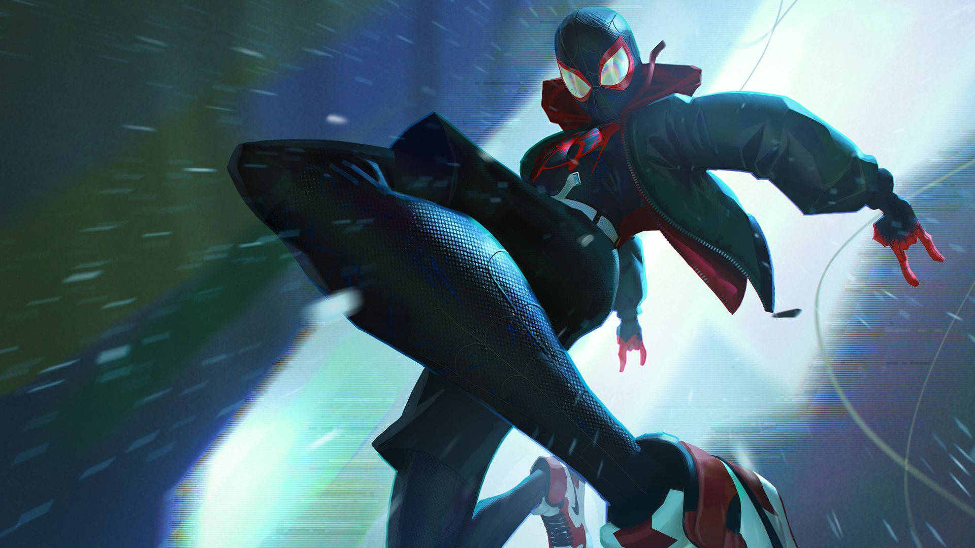 Miles Morales, black and red suit, neon-lit urban canyon, Full HD Desktop Wallpaper