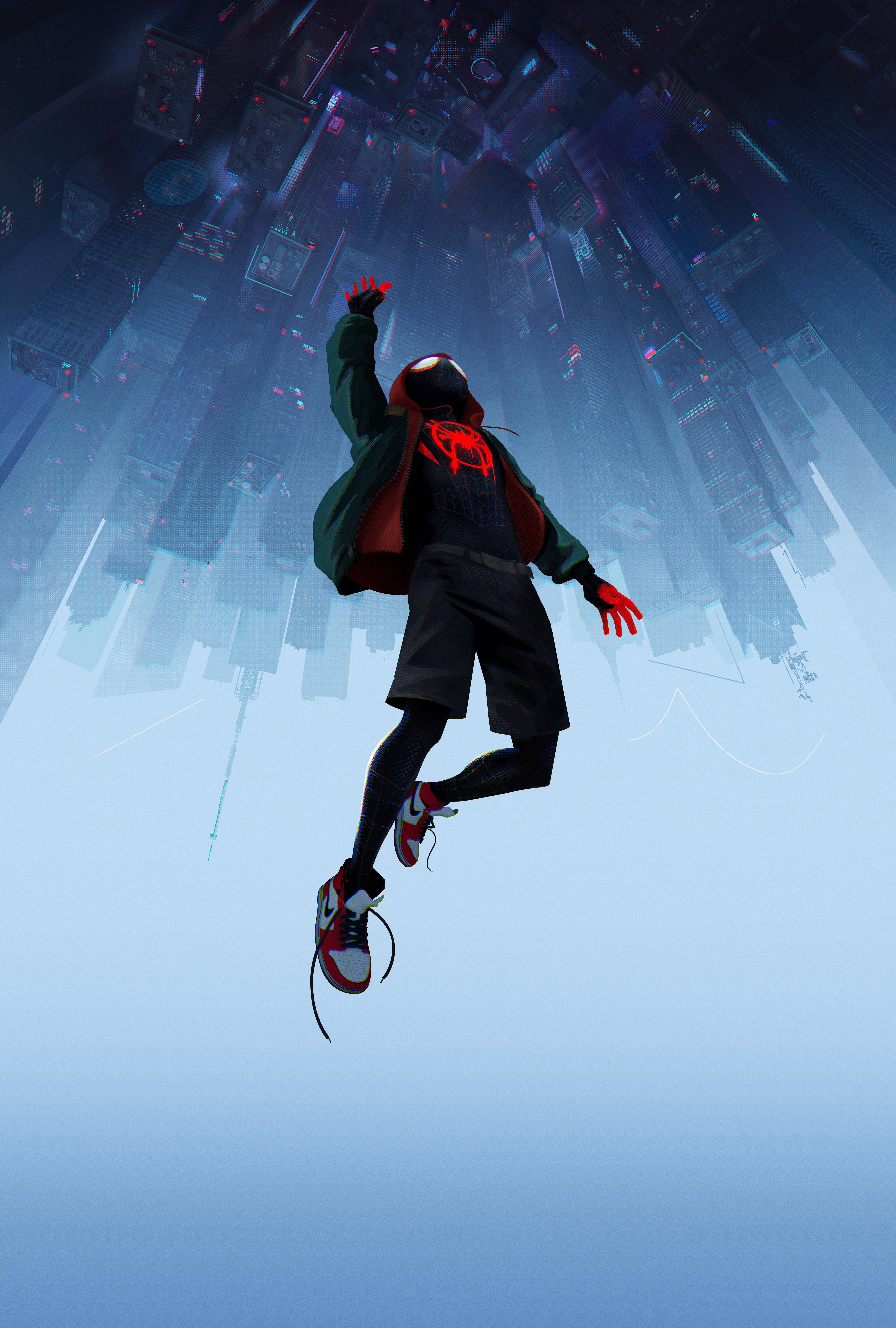 Miles Morales, red spider emblem jacket, futuristic inverted cityscape, 8K Phone Wallpaper