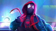 Miles Morales, red hooded suit, glowing neon cityscape, SD Desktop Wallpaper